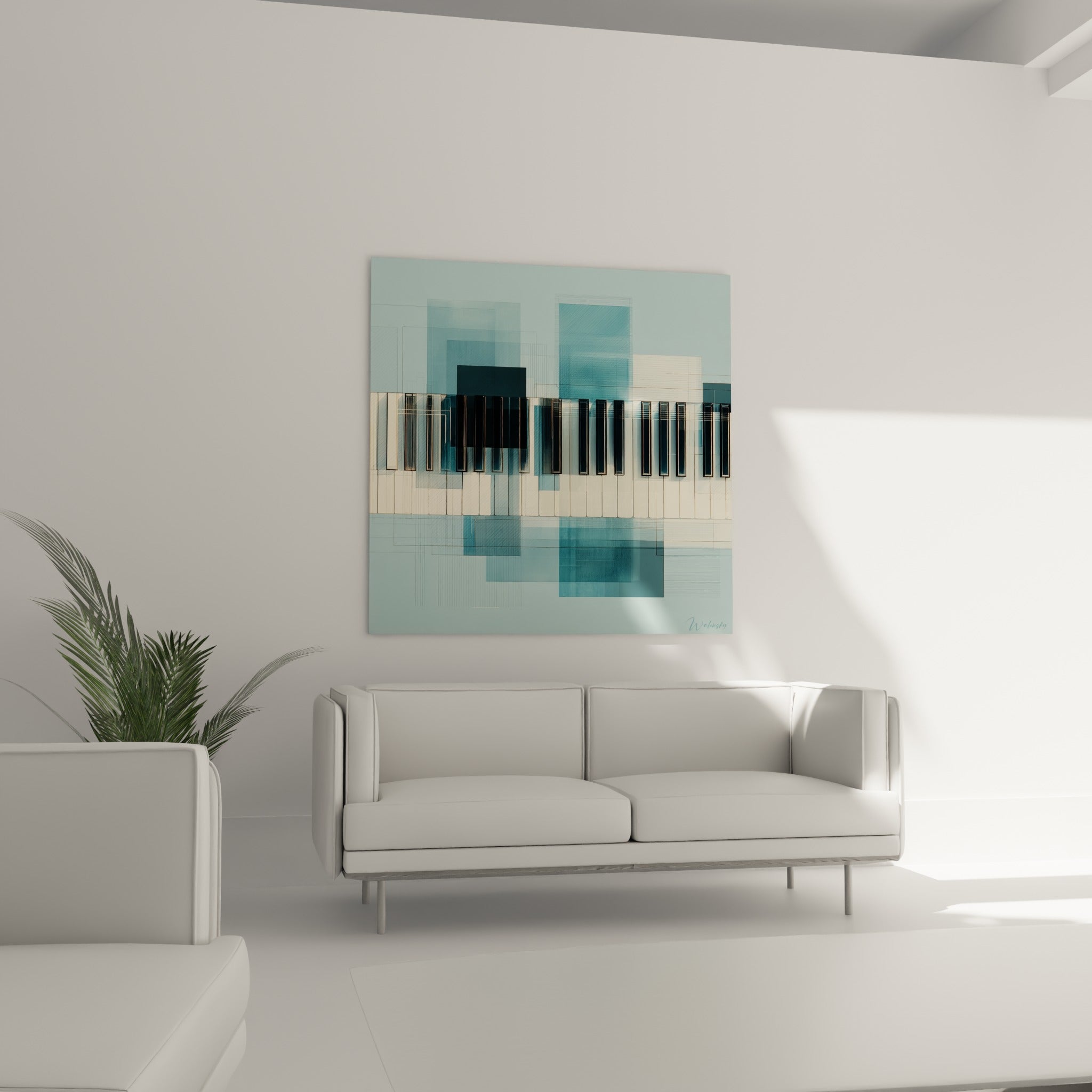 Clavier musical anthracite et ivoire traversé de blocs bleu marine, au-dessus d'un canapé dans un salon lumineux