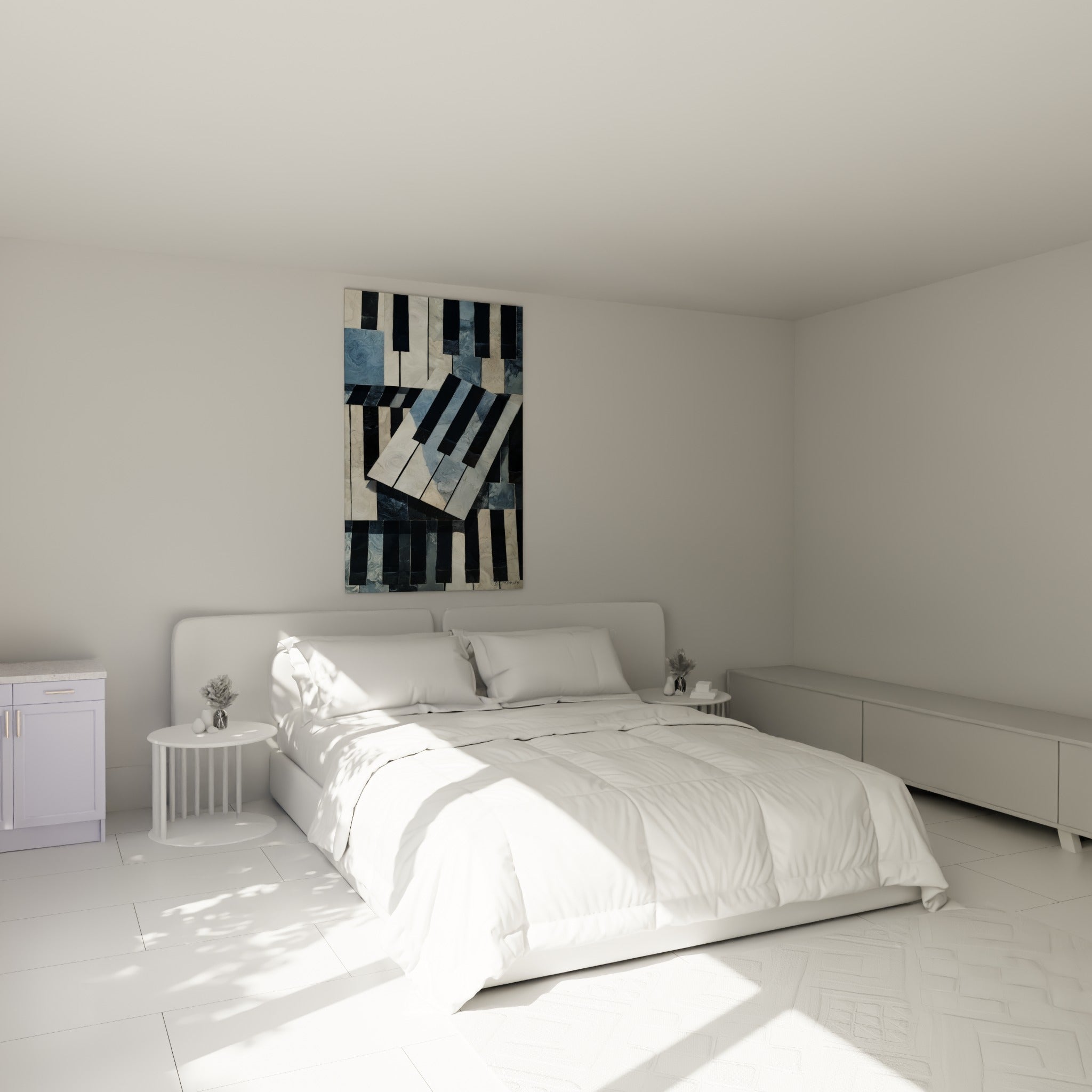 Touches de piano ivoire et gris bleuté disposées en diagonale au-dessus d'un lit dans une chambre claire