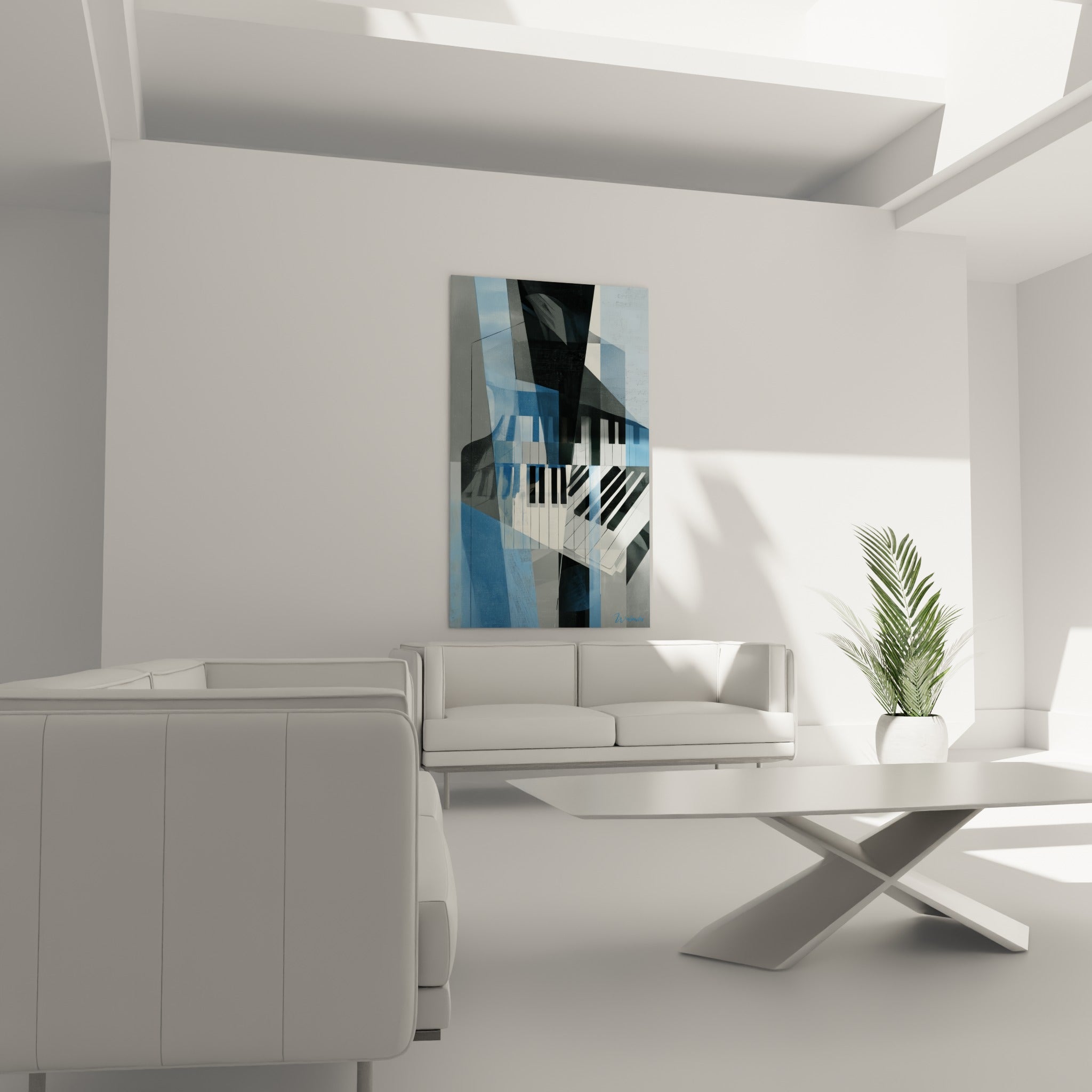 Superpositions triangulaires bleu marine et noir profond d'un clavier musical, au-dessus d'un canapé dans un salon lumineux