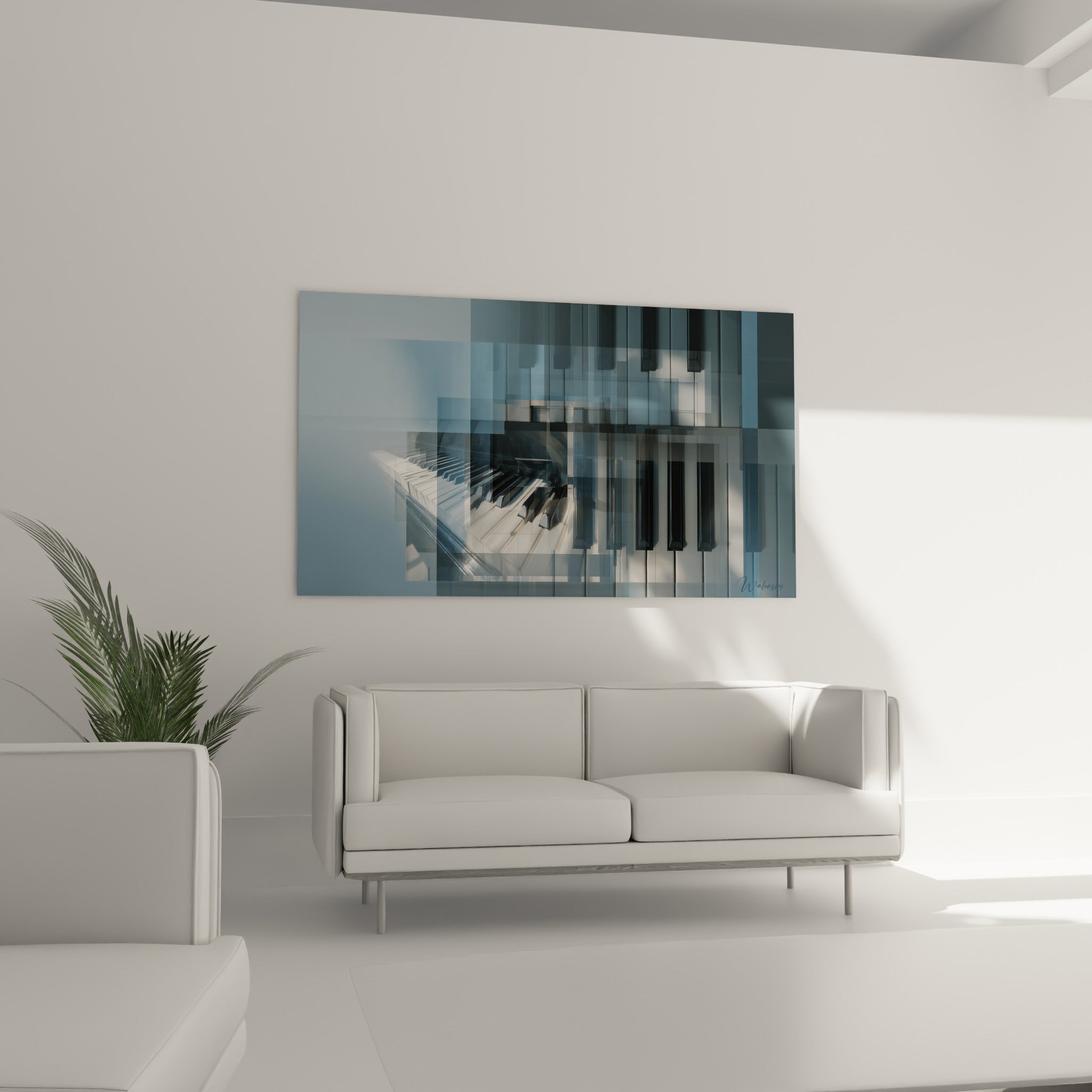 Touches de piano dédoublées en tons gris et bleu profond au-dessus d'un canapé dans un salon lumineux