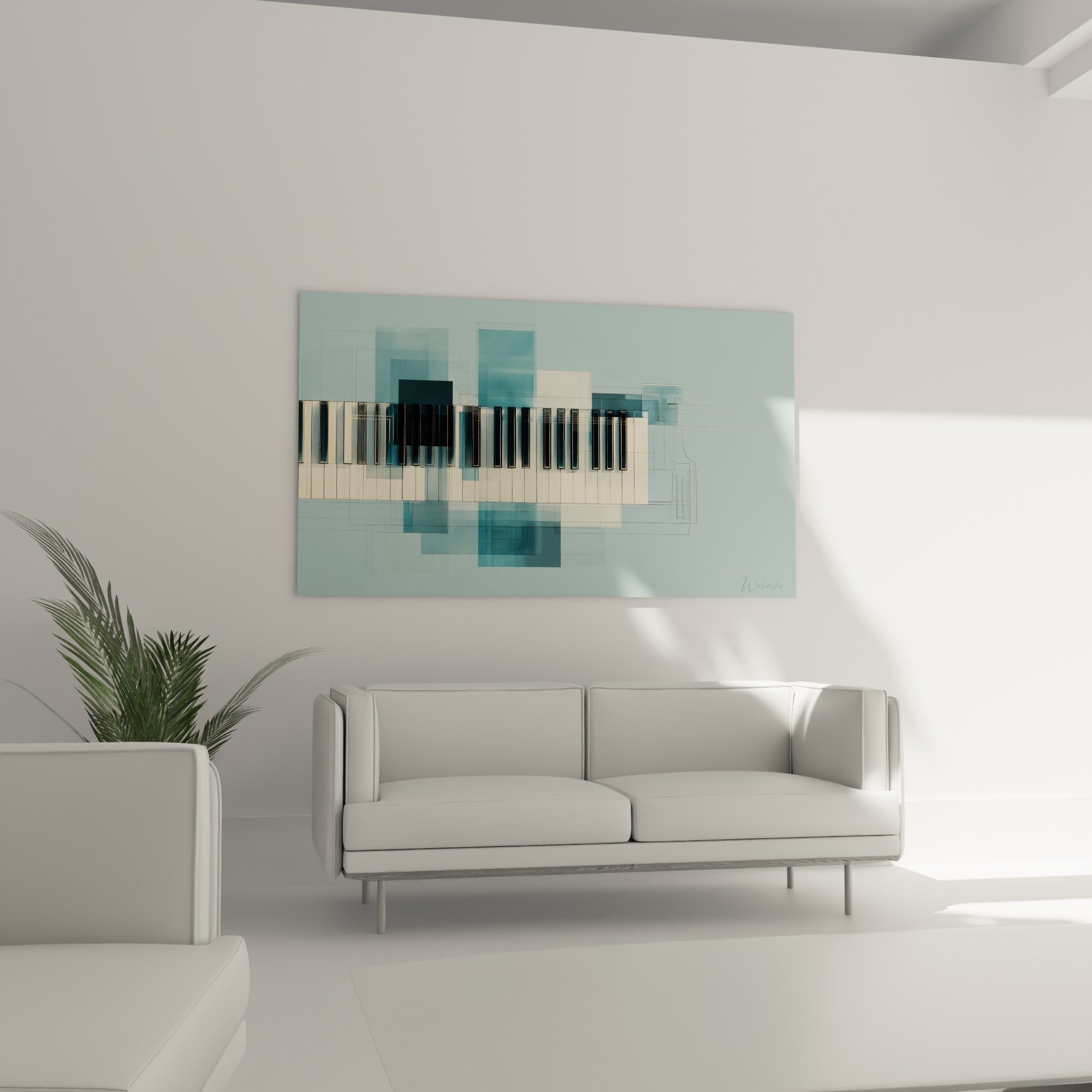 Clavier musical stylisé en bleu ciel et noir profond, au-dessus d'un canapé dans un salon lumineux