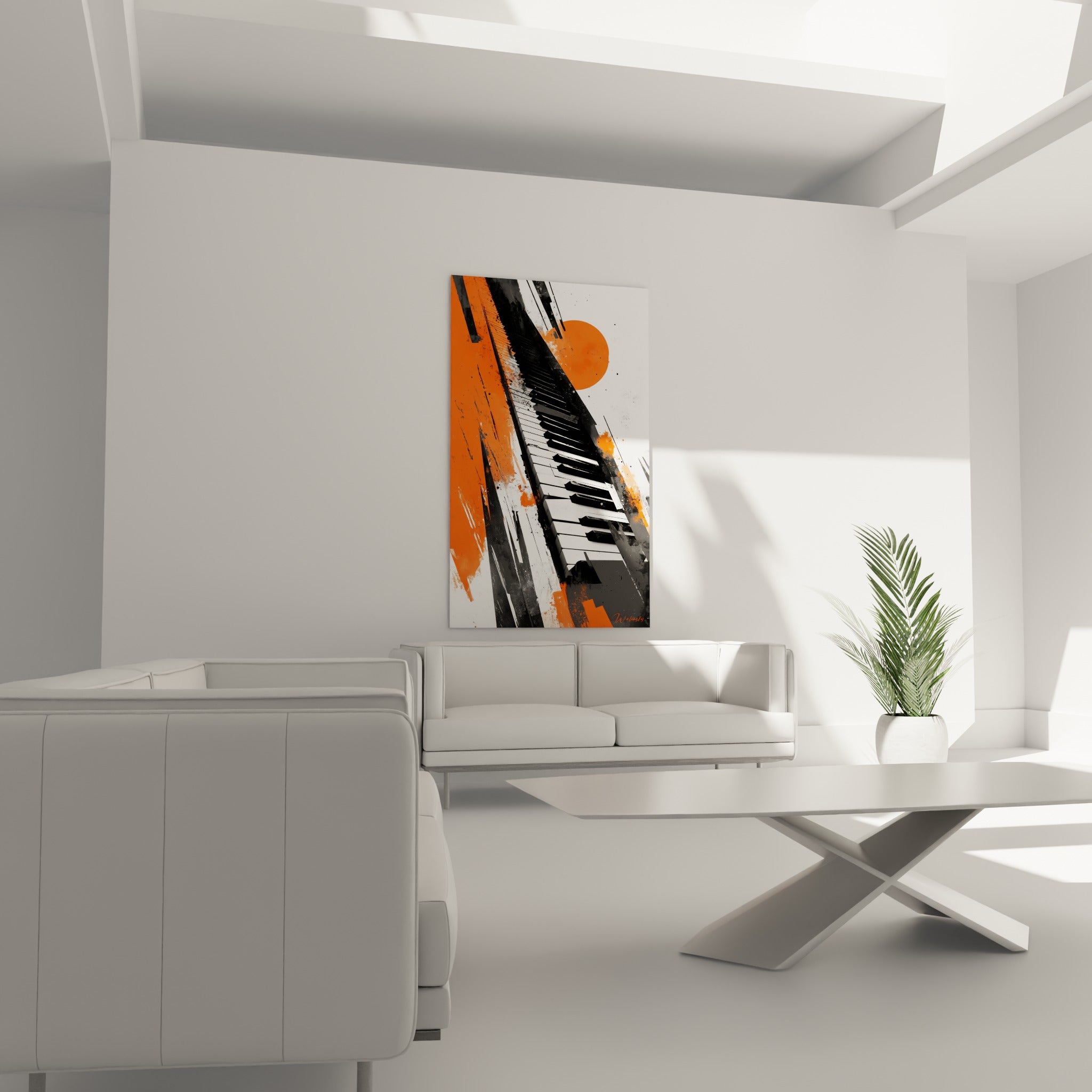 Piano graphique noir et orange éclaboussé de gris, au-dessus d'un canapé dans un salon lumineux