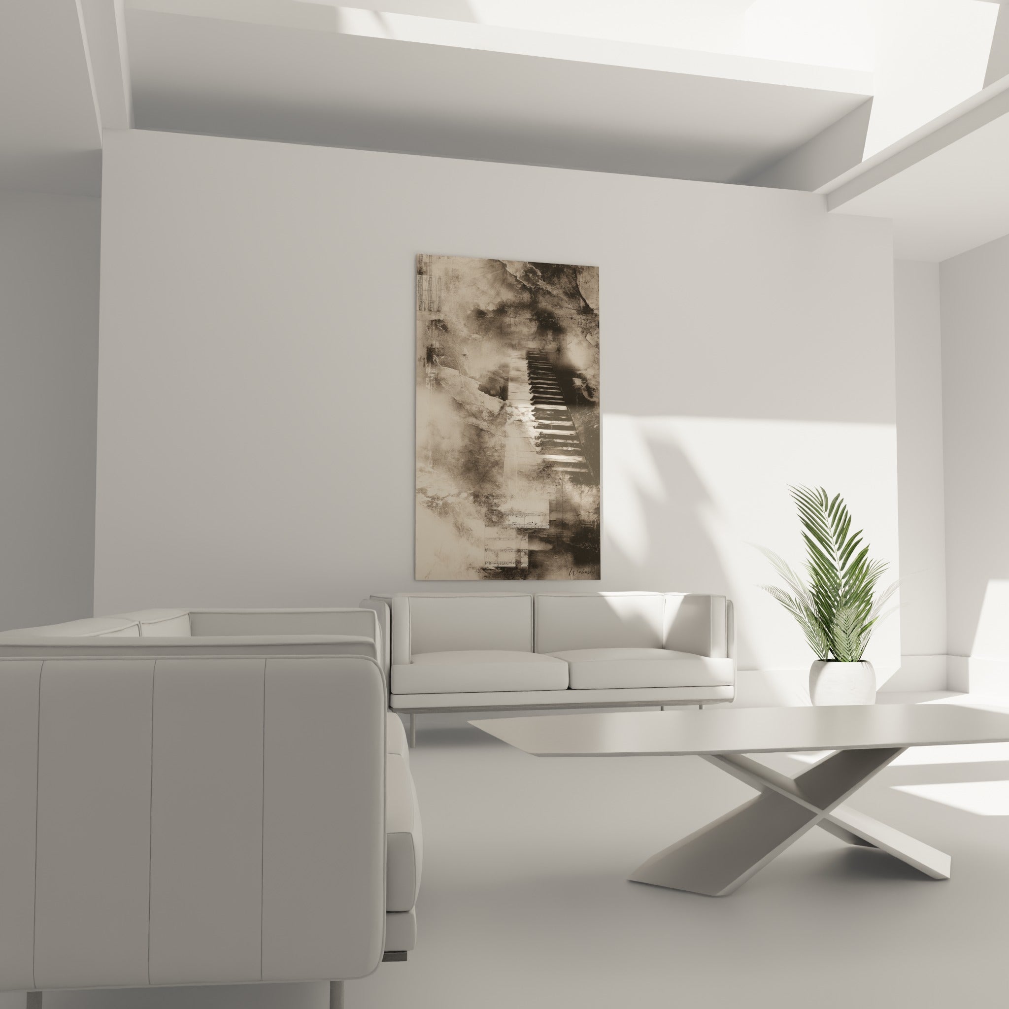 Partition et touches noires estompées au-dessus d'un canapé dans un salon lumineux