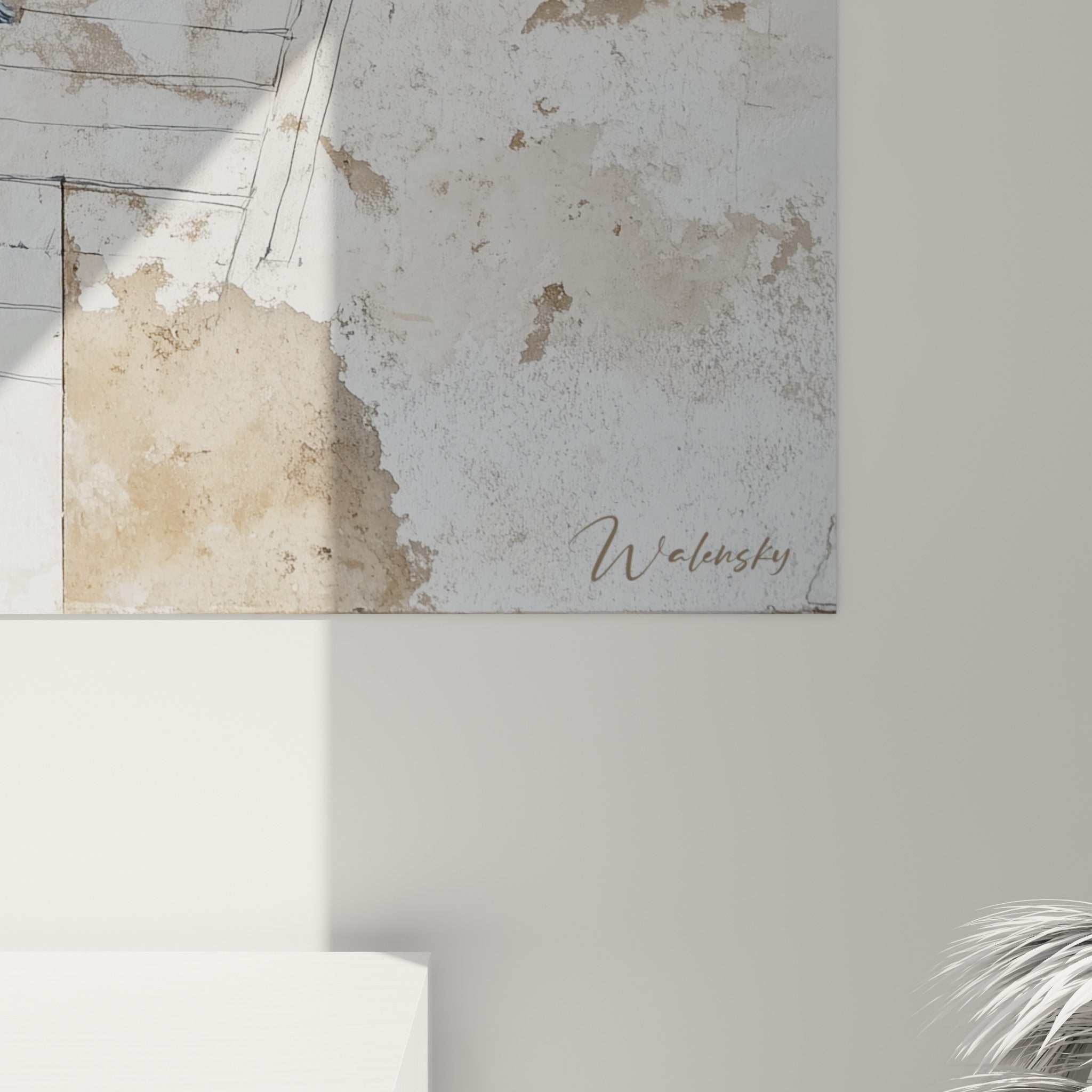 Grain de la toile révélant les fissures peintes du fond beige et le trait précis des touches anthracite