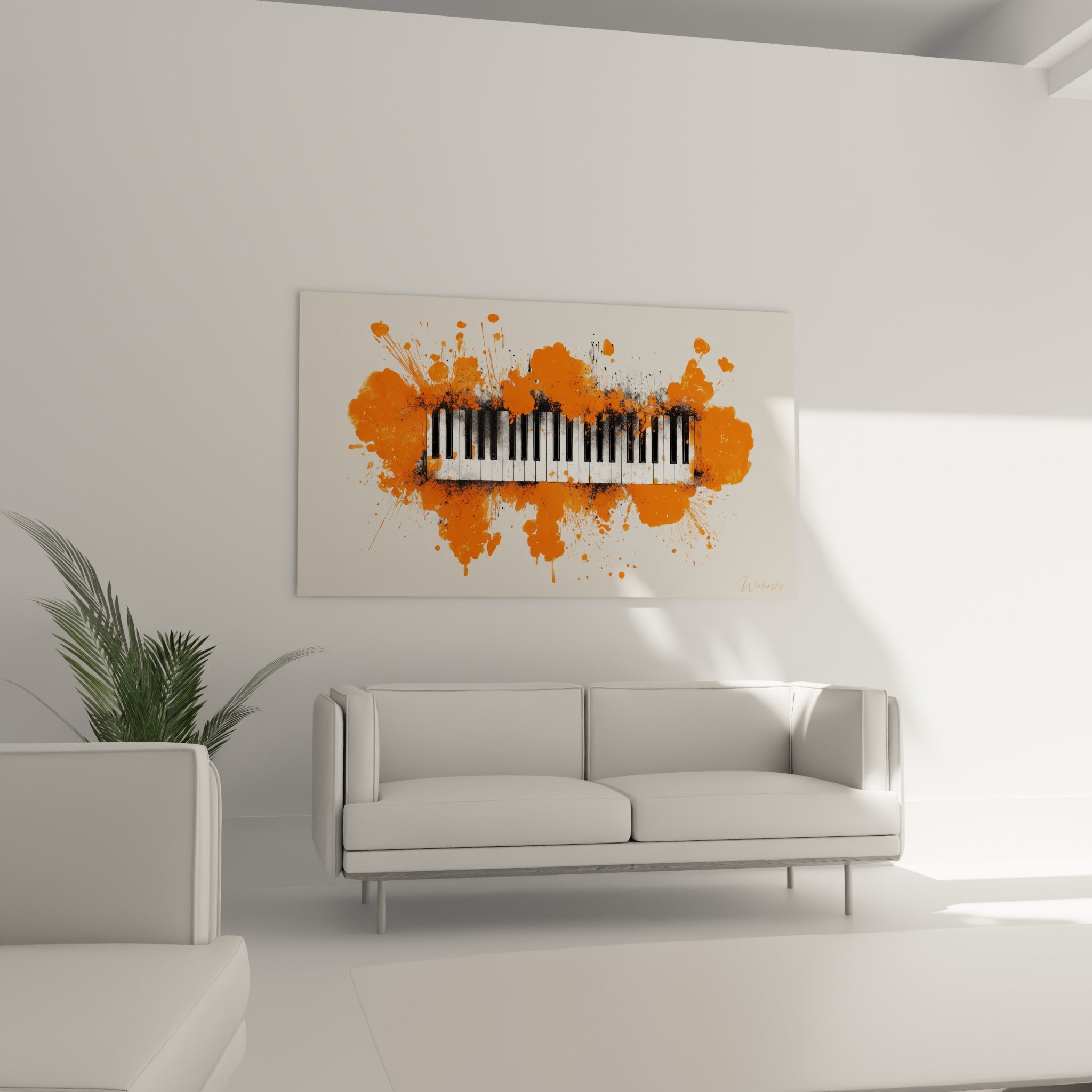 Touches noires et blanches cernées de projections orange vibrantes, au-dessus d'un canapé dans un salon lumineux