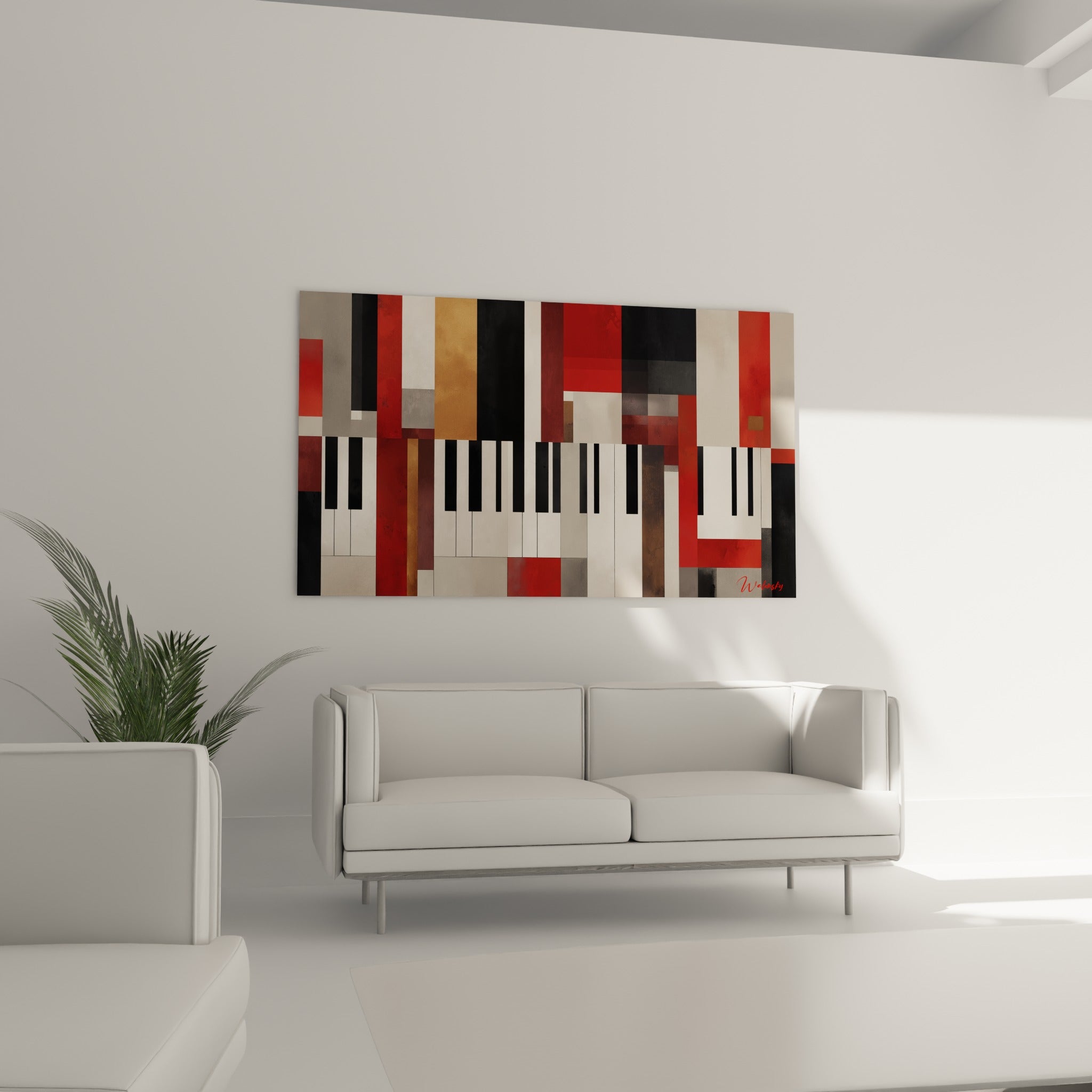 Touches de piano noires et blanches encadrées de rouge intense et ocre doré, au-dessus d'un canapé dans un salon lumineux