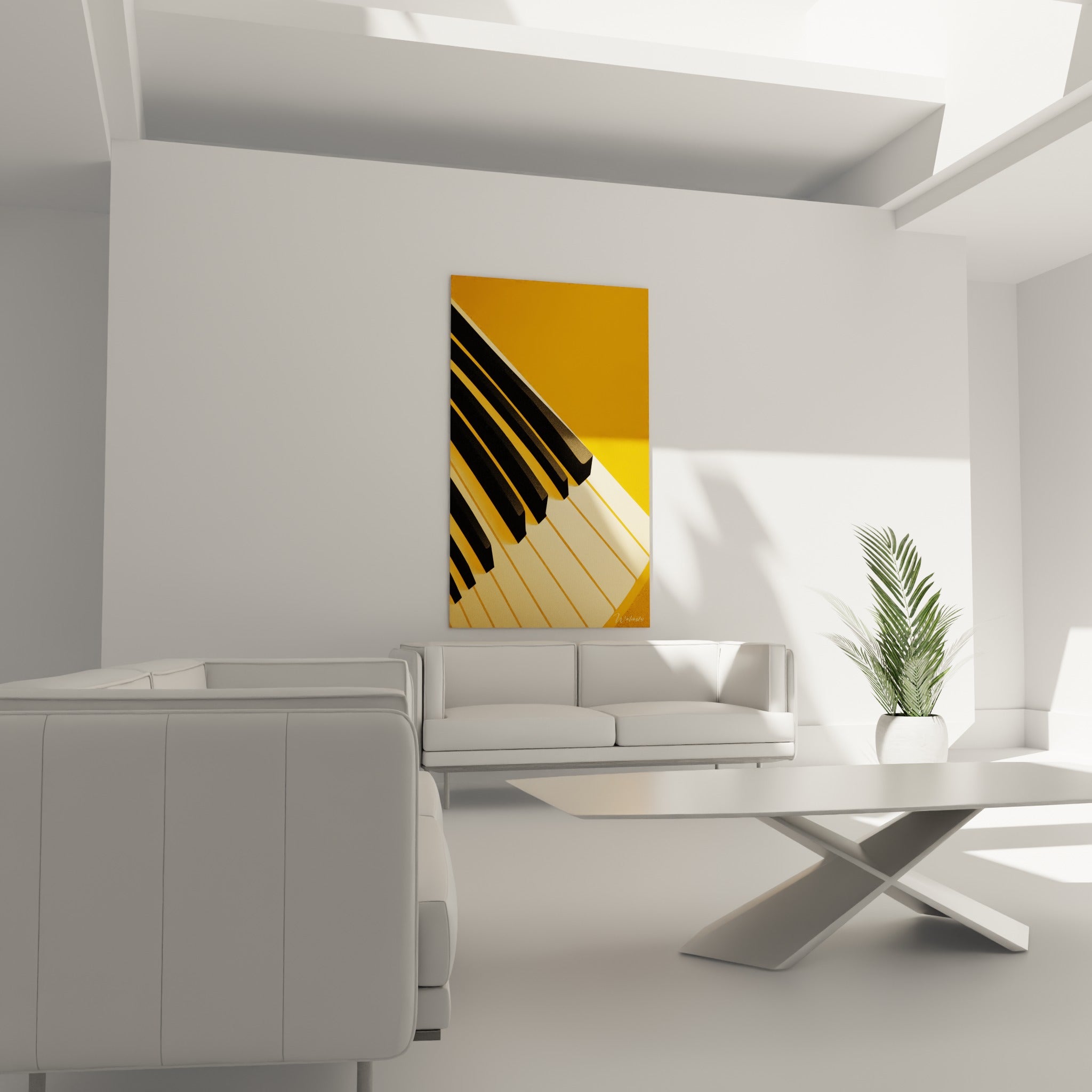 Touches de piano noires et dorées en perspective, au-dessus d'un canapé dans un salon lumineux