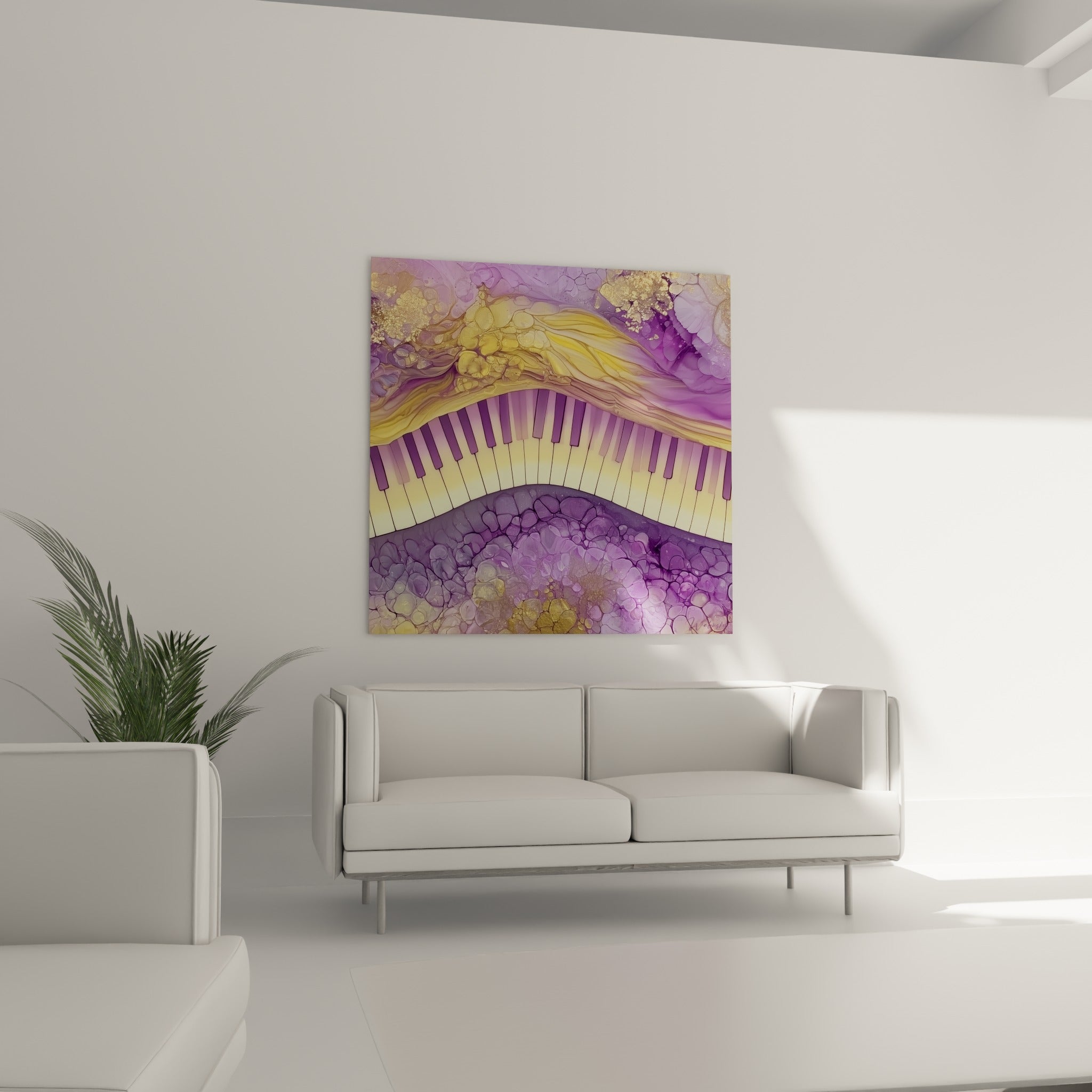 Touches de piano lavande et dorées en mouvement fluide, au-dessus d'un canapé dans un salon lumineux