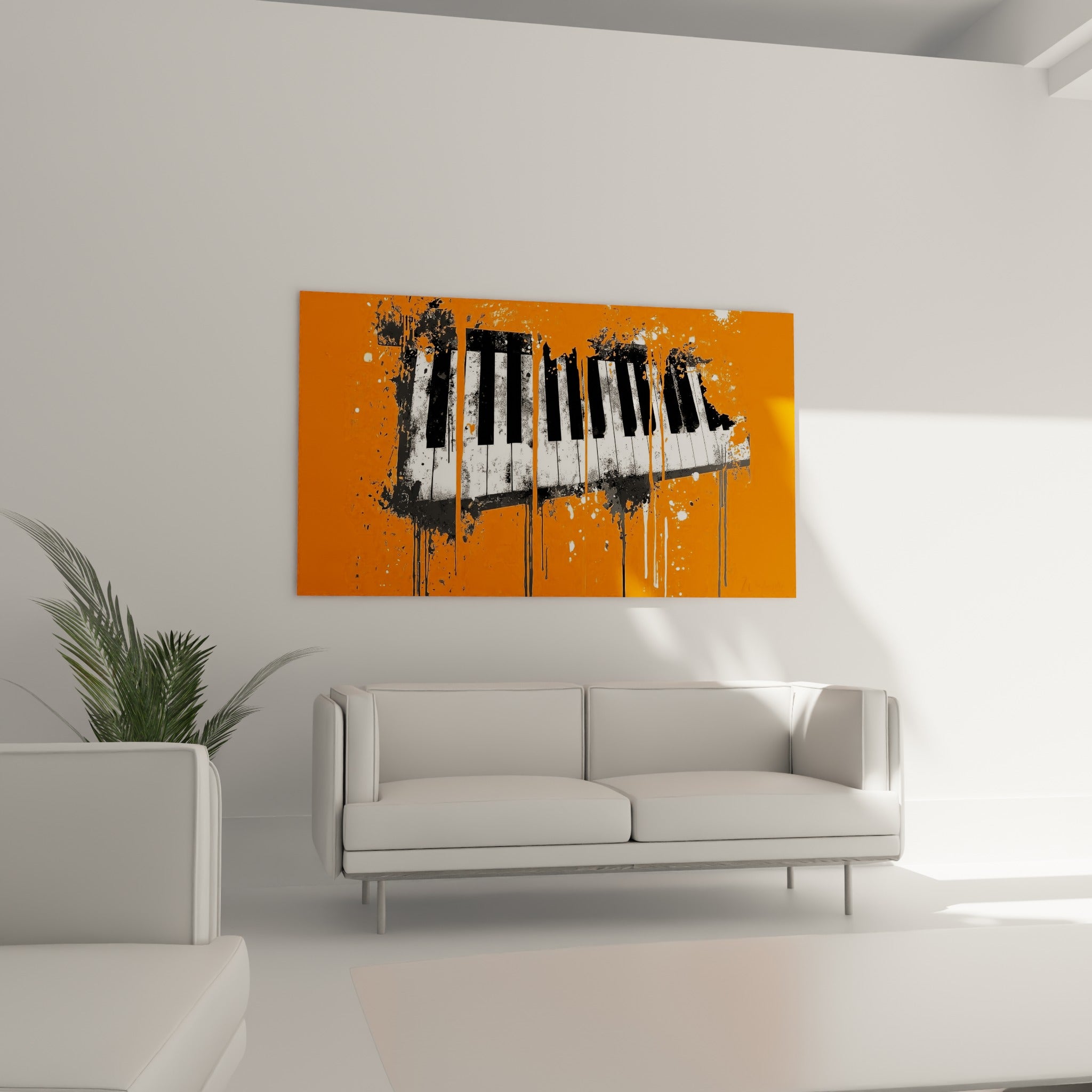 Clavier musical éclaté en noir sur fond orange vibrant, au-dessus d'un canapé dans un salon lumineux