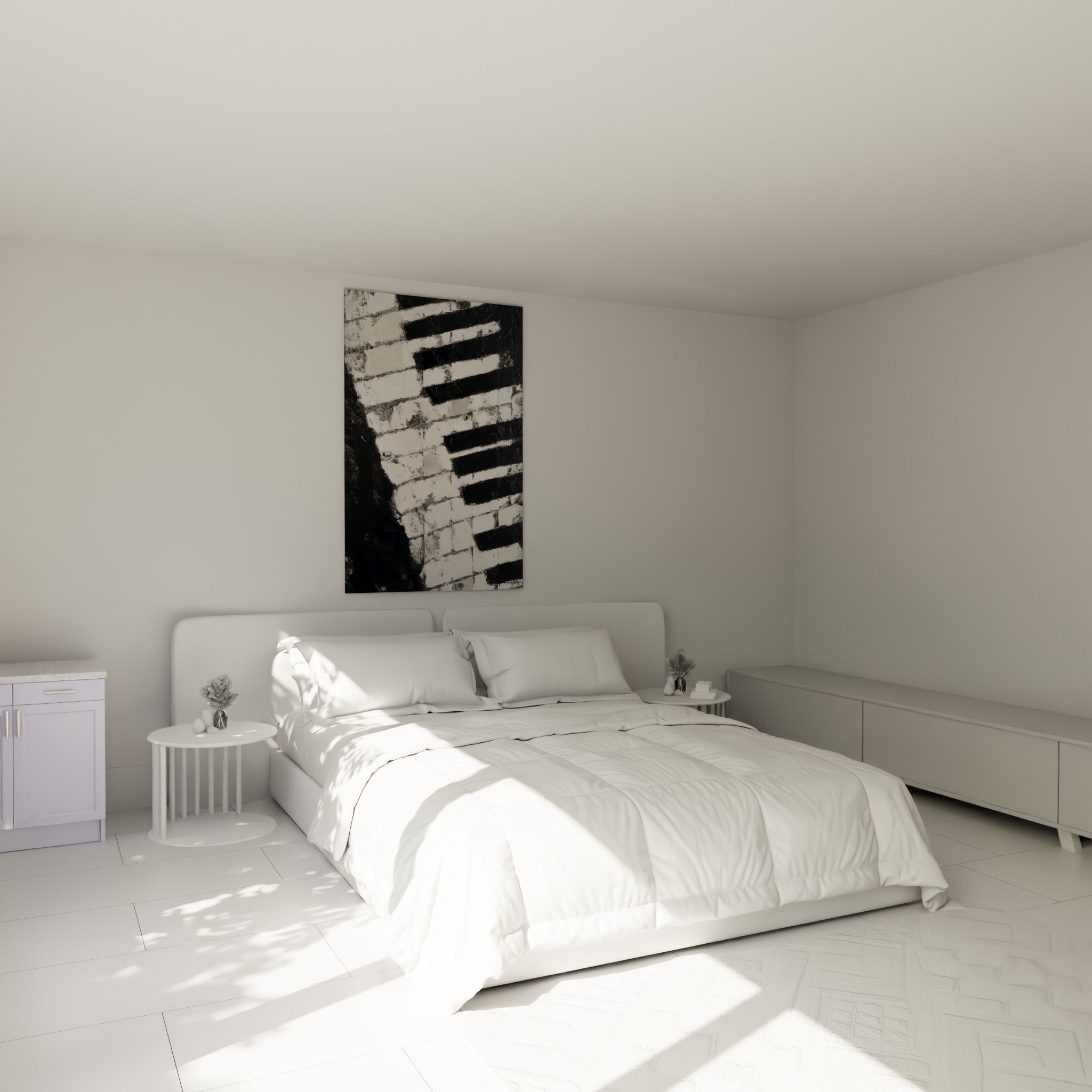 Clavier de piano en relief noir et blanc cassé, accroché au-dessus d'un lit dans une chambre claire