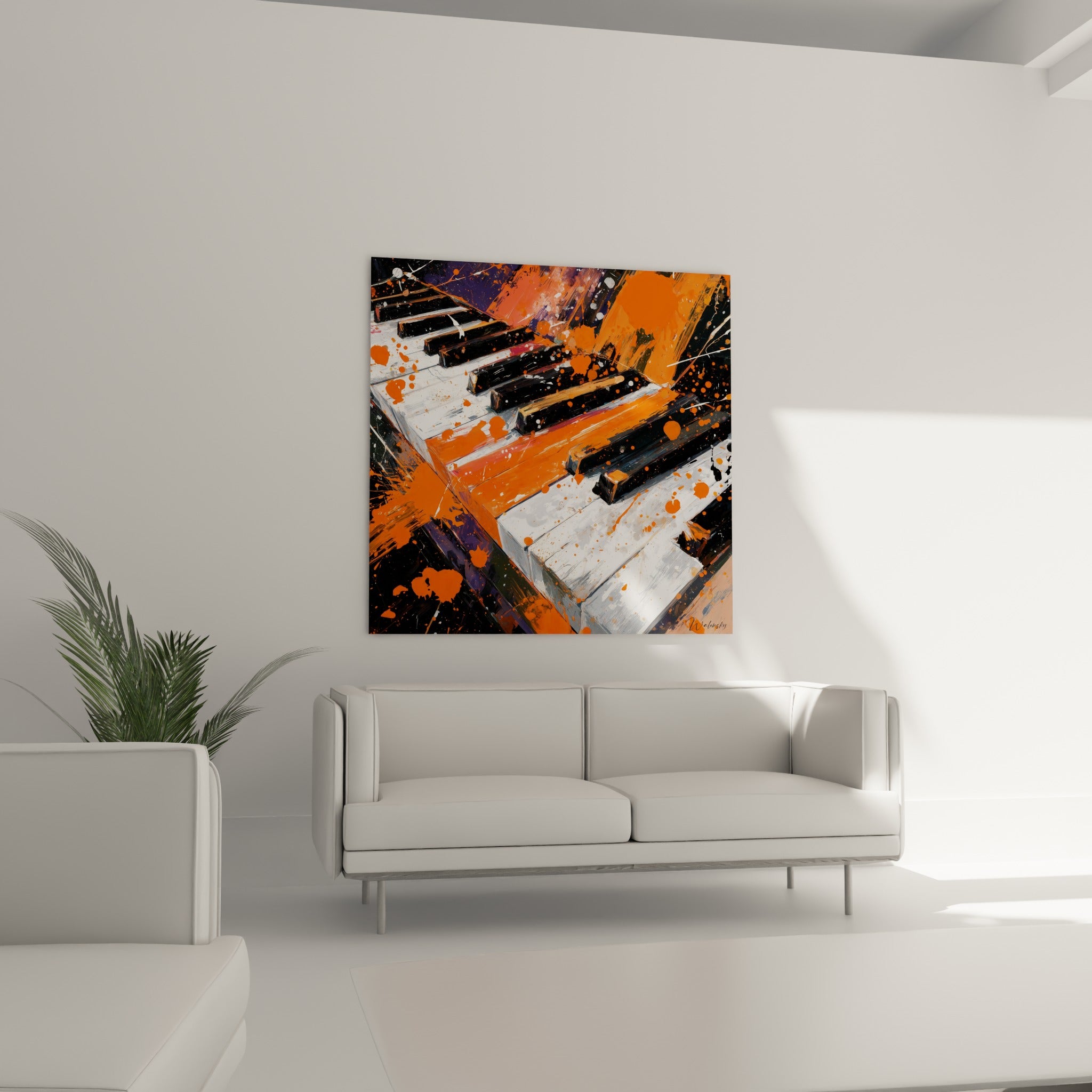 Touches de piano noir et blanc traversées d'orange intense, au-dessus d'un canapé dans un salon lumineux