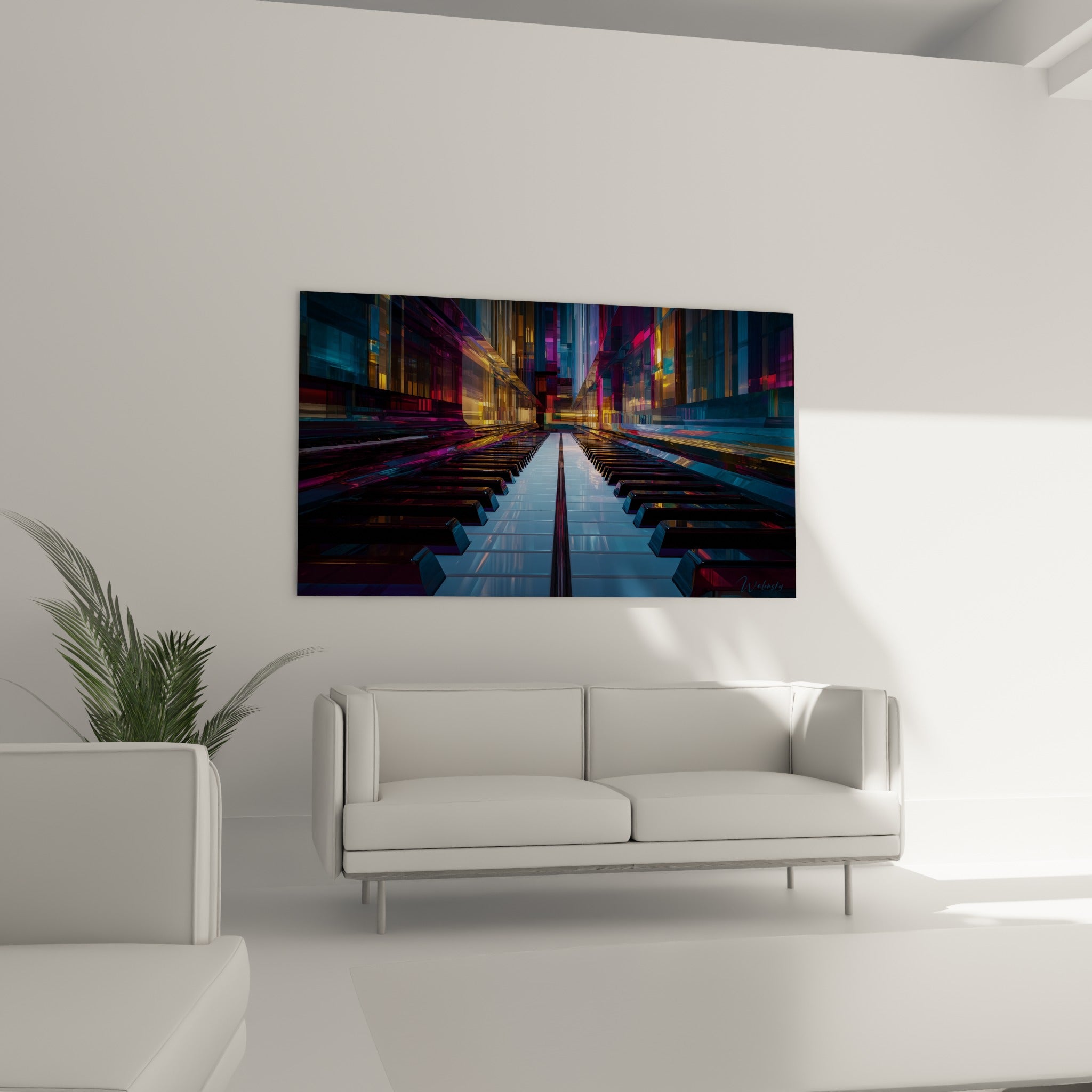 Touches de piano noires et blanches mêlées à des lumières dorées, au-dessus d'un canapé dans un salon lumineux