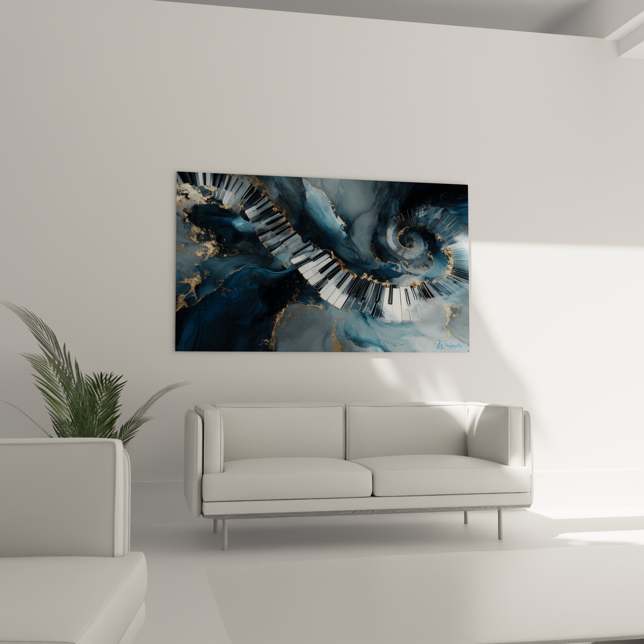Piano stylisé en volutes dorées et anthracite se déployant au-dessus d'un canapé dans un salon lumineux