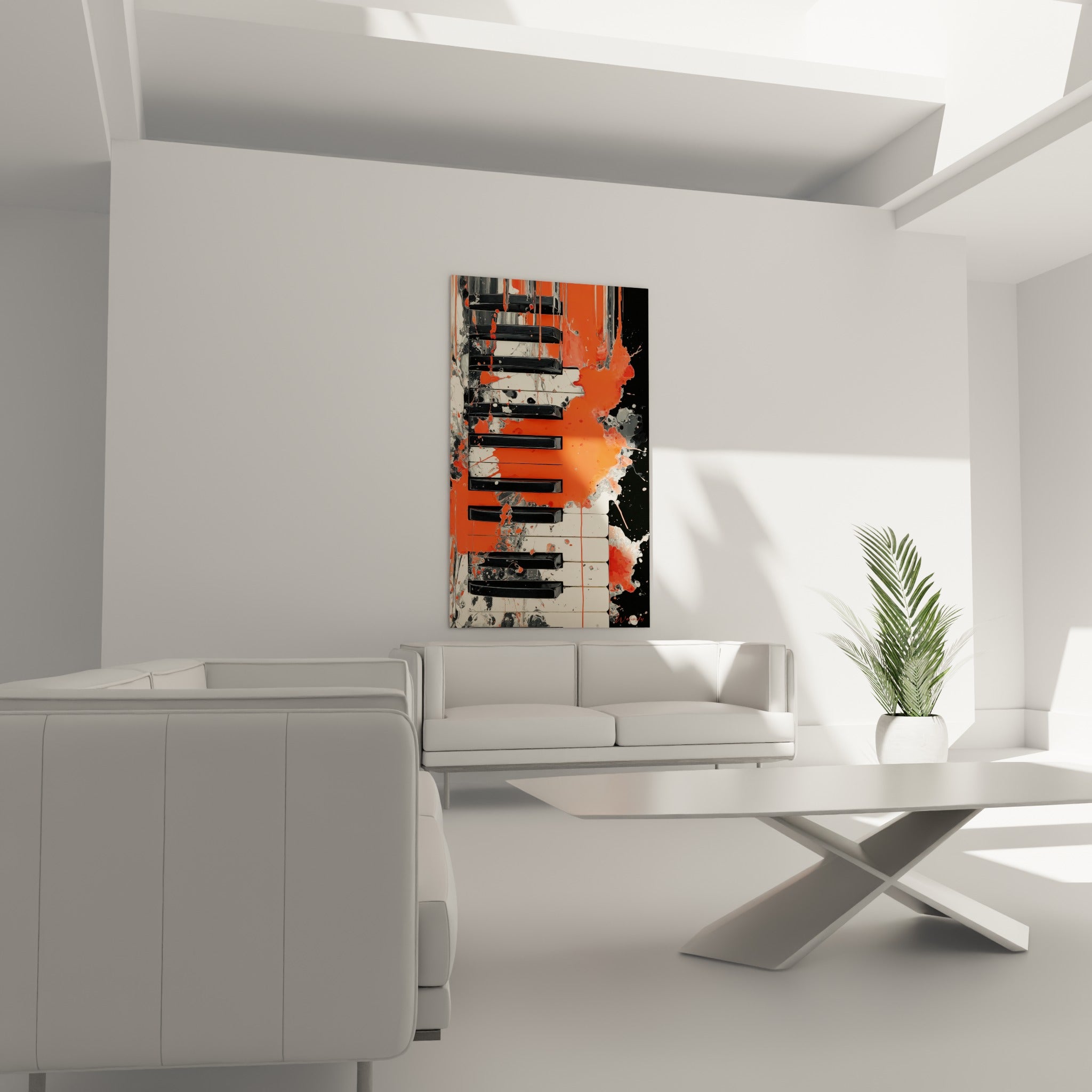 Touches de piano noires striées d'orange vif et de traces grises, suspendues au-dessus d'un canapé dans un salon lumineux