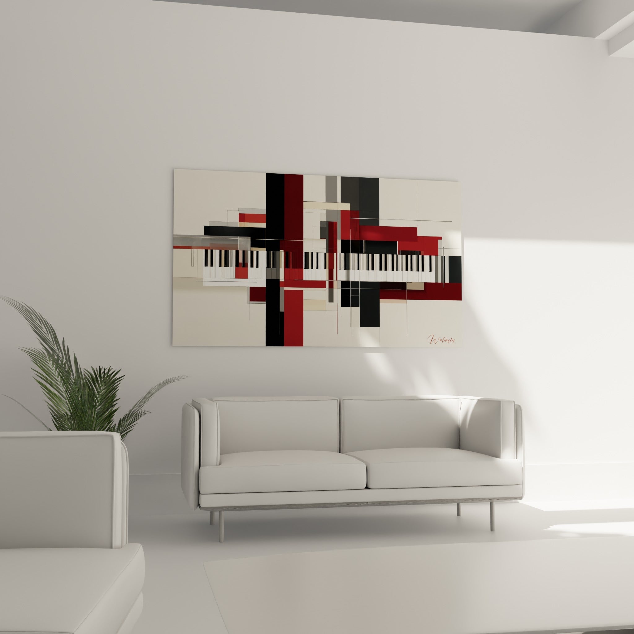 Piano abstrait aux teintes rouge bordeaux et gris anthracite, au-dessus d'un canapé dans un salon lumineux