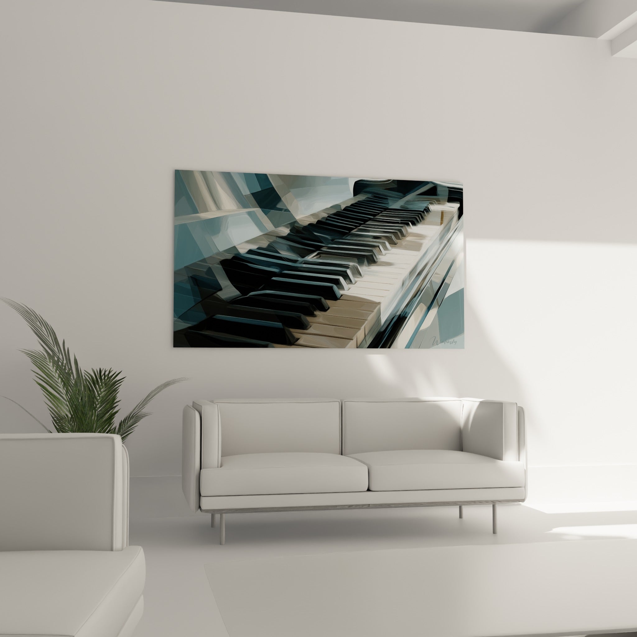 Touches de piano ivoire et anthracite en diagonale lumineuse, disposées au-dessus d'un canapé dans un salon lumineux