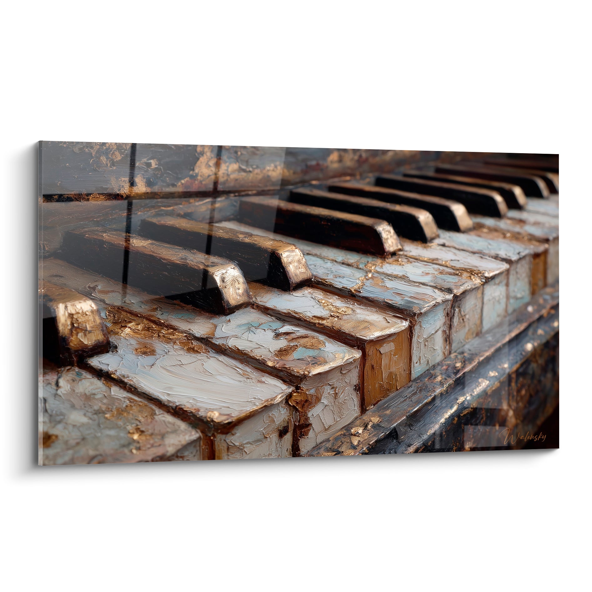 Touches de piano ivoire et dorées peintes en gros plan, empâtements épais et reflets bronze