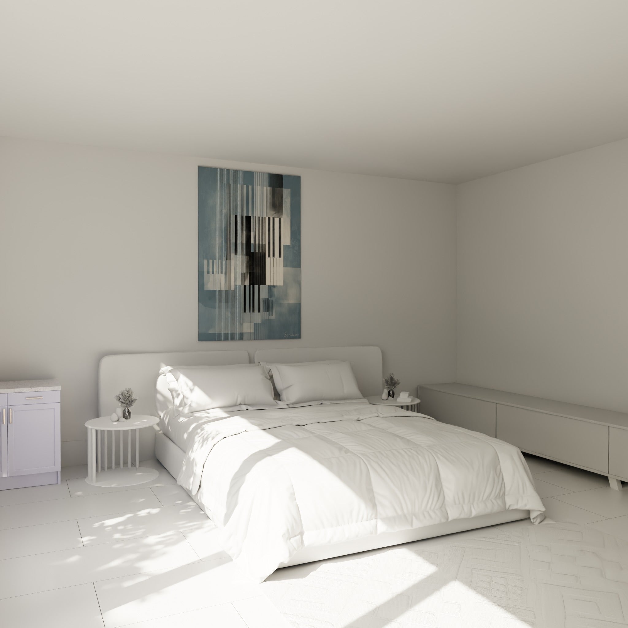Touches de piano noir et ivoire sur fond bleu ardoise, accrochées au-dessus d'un lit dans une chambre claire