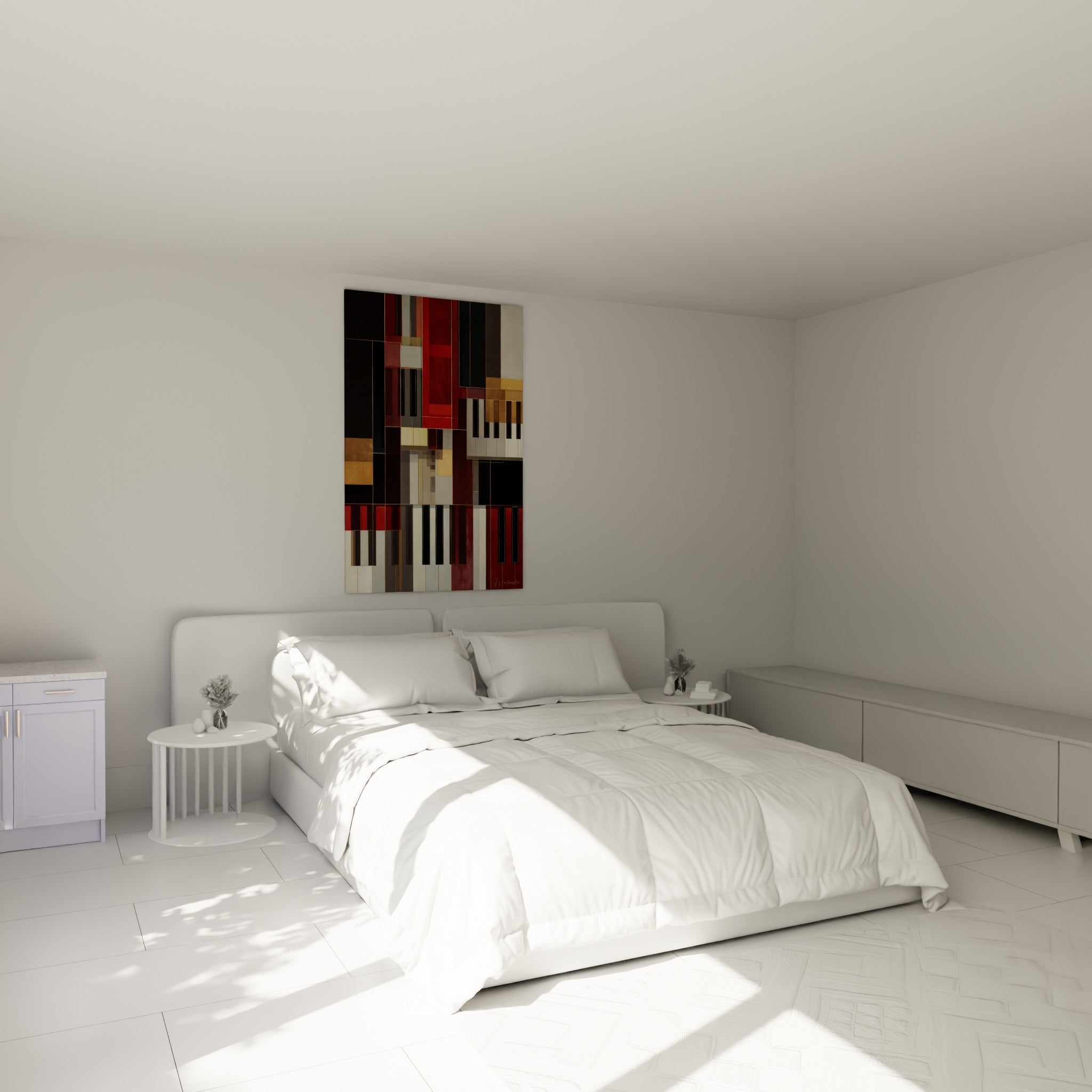 Fragments de touches noires et blanches, rouge profond et or, au-dessus d'un lit dans une chambre claire