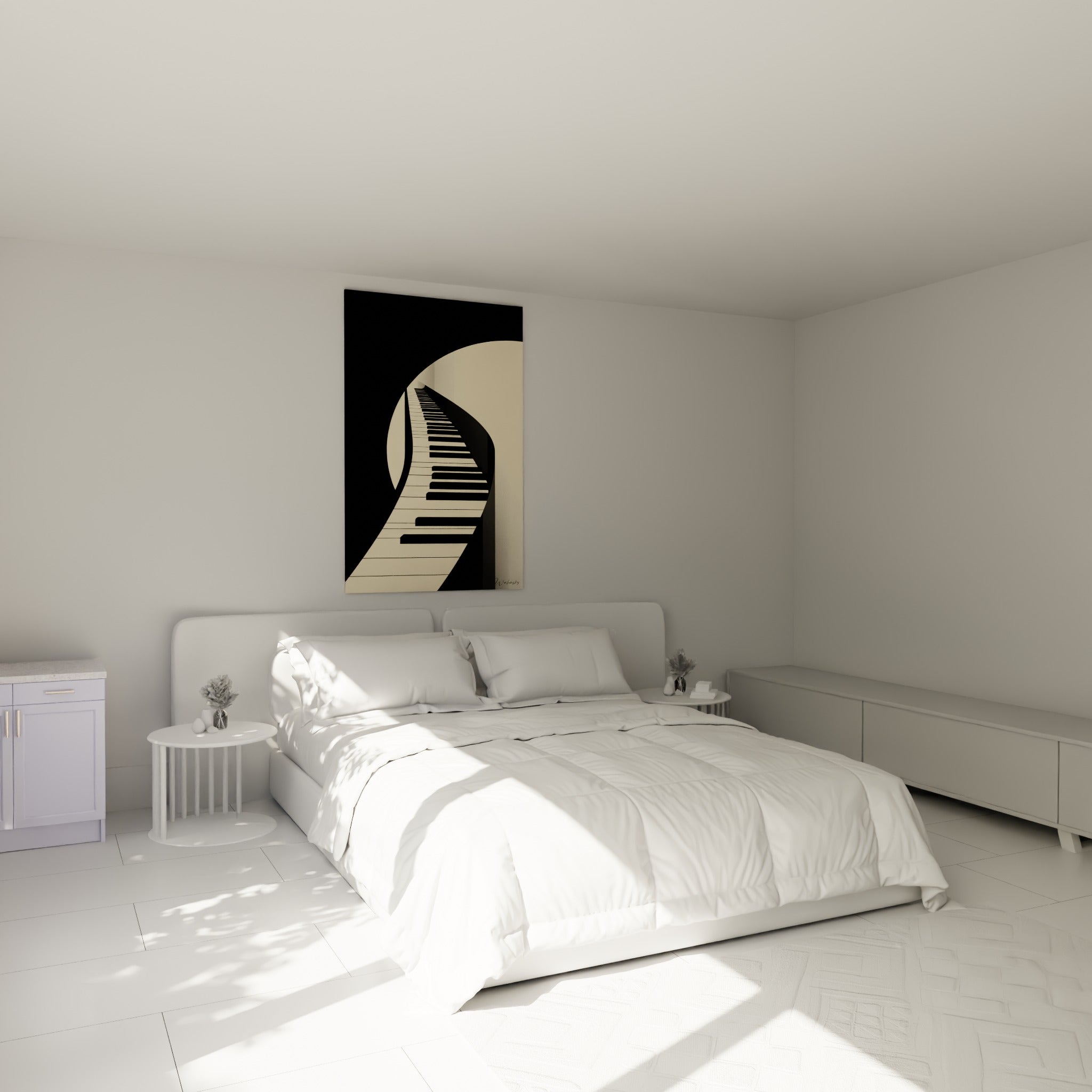Touches de piano ivoire et noires en mouvement sinueux, tableau musique au-dessus d'un lit dans une chambre claire
