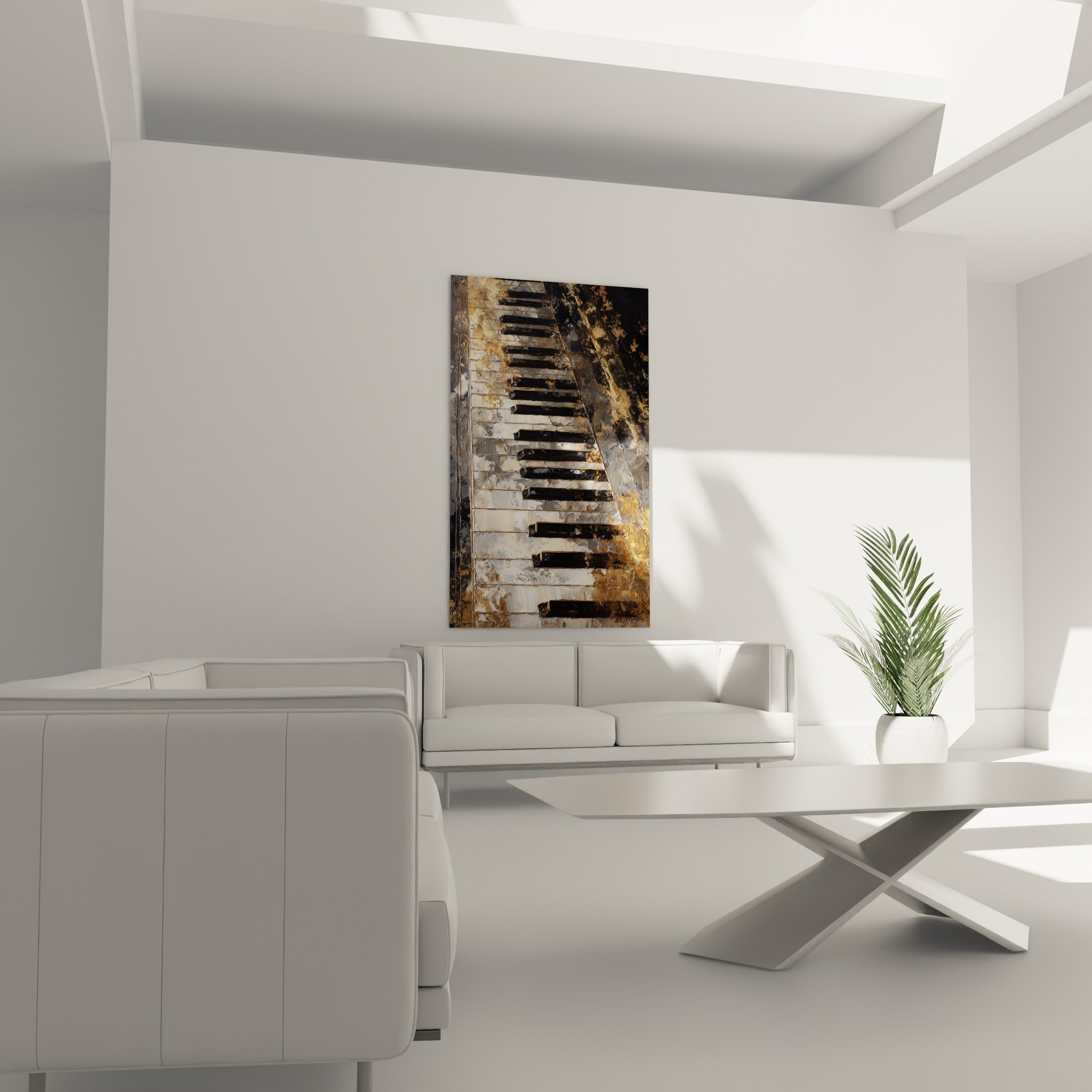 Clavier de piano noir et doré à la matière sculptée, au-dessus d'un canapé dans un salon lumineux