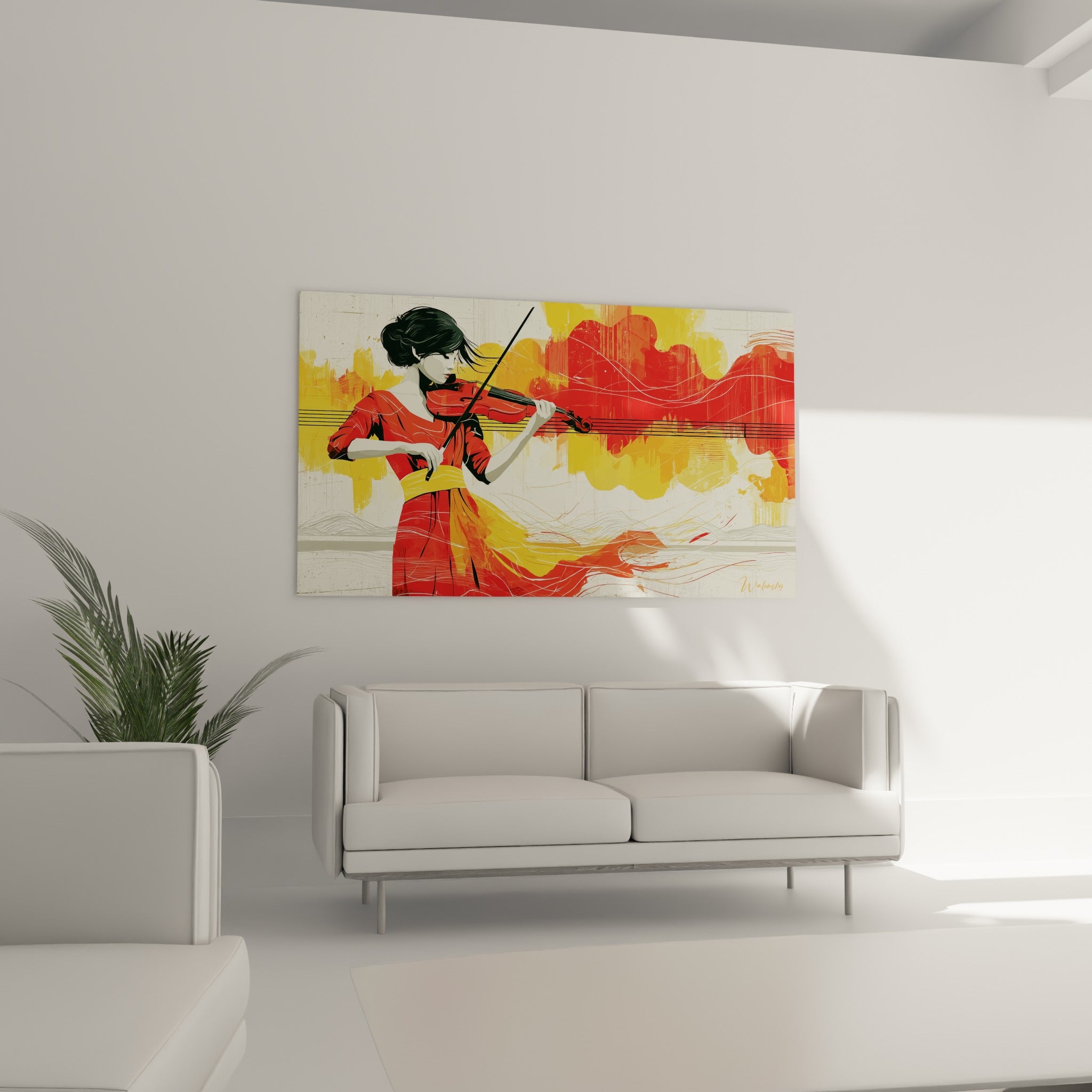 Violoniste en mouvement, teintes rouge et jaune moutarde, au-dessus d'un canapé dans un salon lumineux