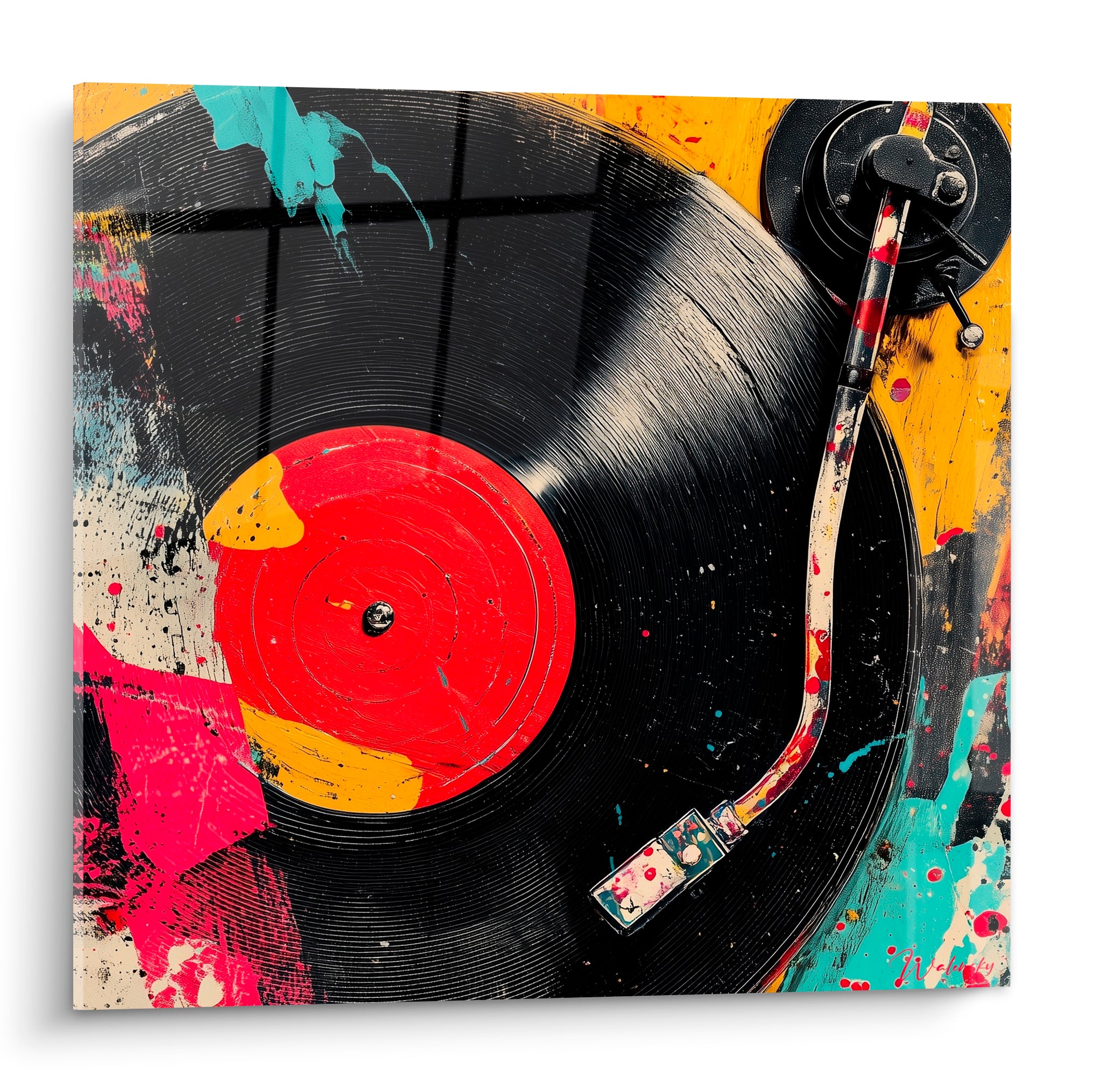 Vinyle noir strié au centre rouge éclatant, éclaboussures turquoise et jaune moutarde en fond graphique