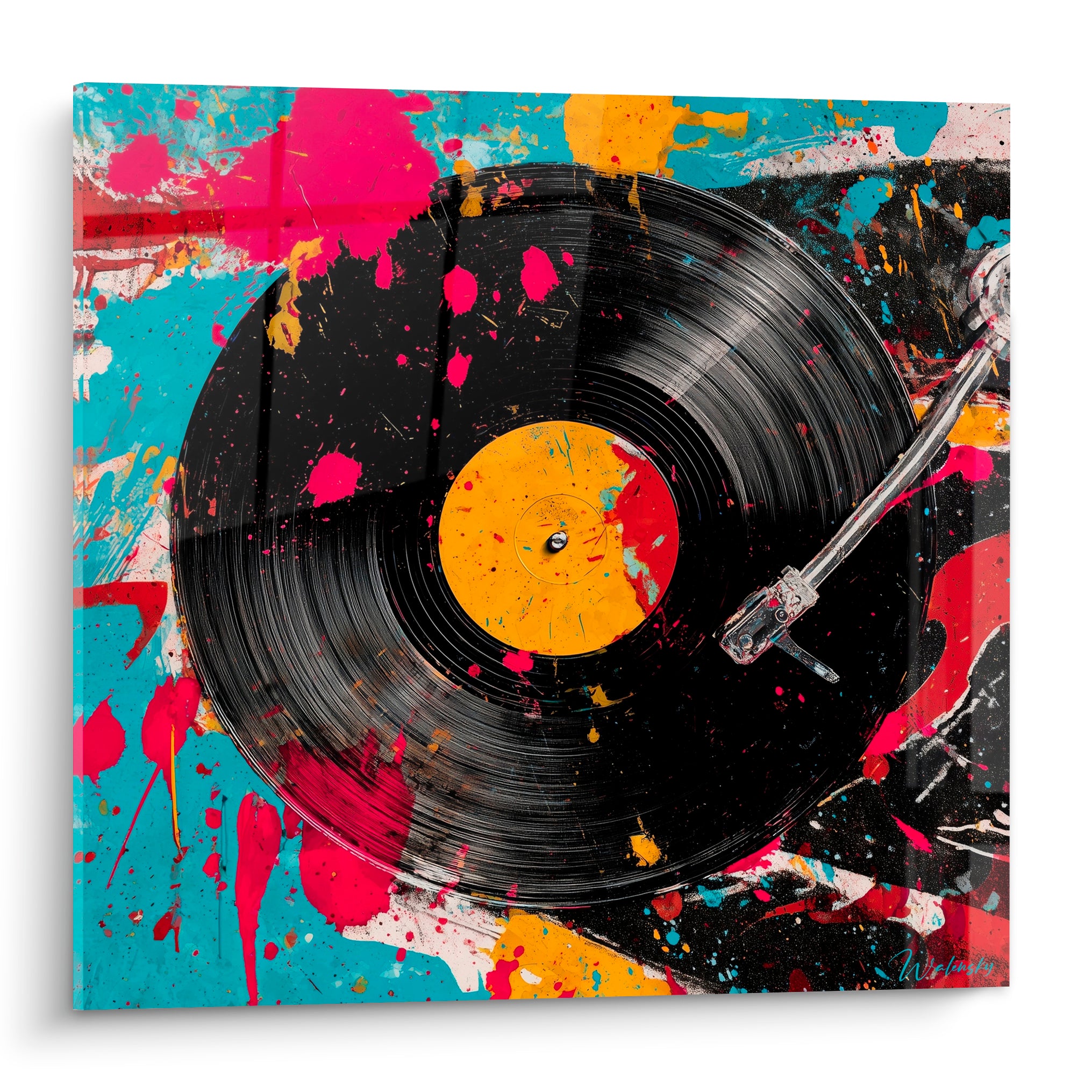 Disque vinyle noir et jaune sur fond turquoise éclaboussé de rose et blanc, style street art