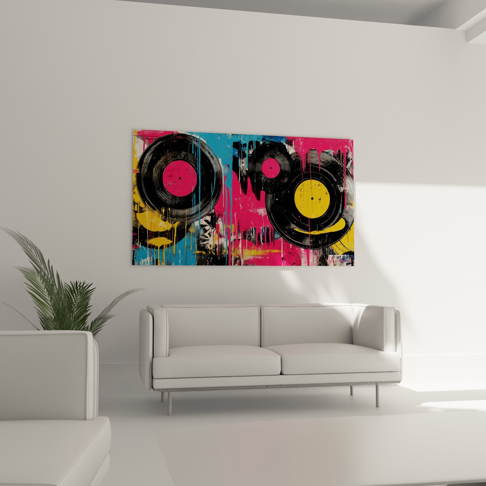 Trois vinyles éclatants de rose et bleu turquoise suspendus au-dessus d'un canapé dans un salon lumineux
