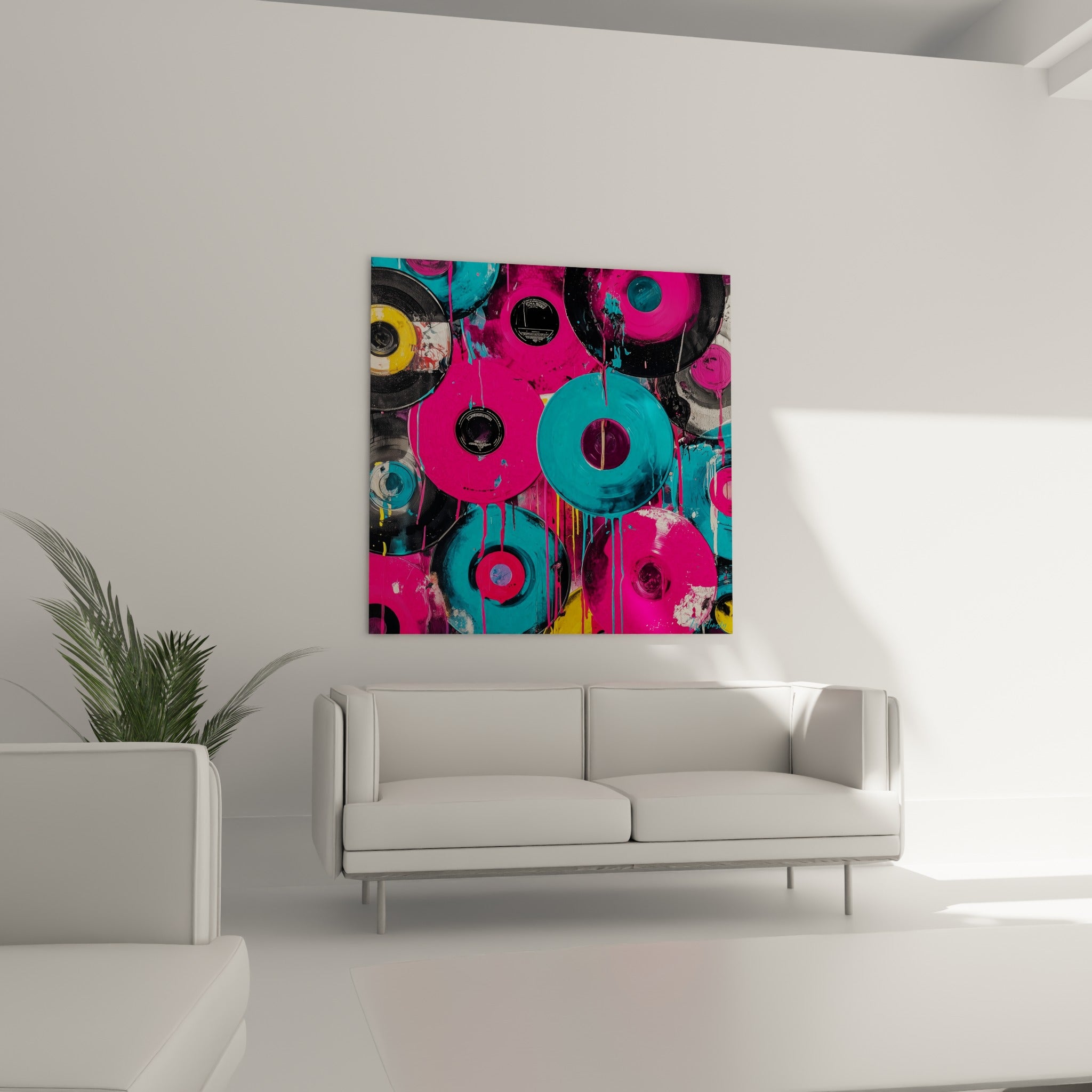 Disques colorés fuchsia et cyan illustrent ce tableau Musique, au-dessus d'un canapé dans un salon lumineux