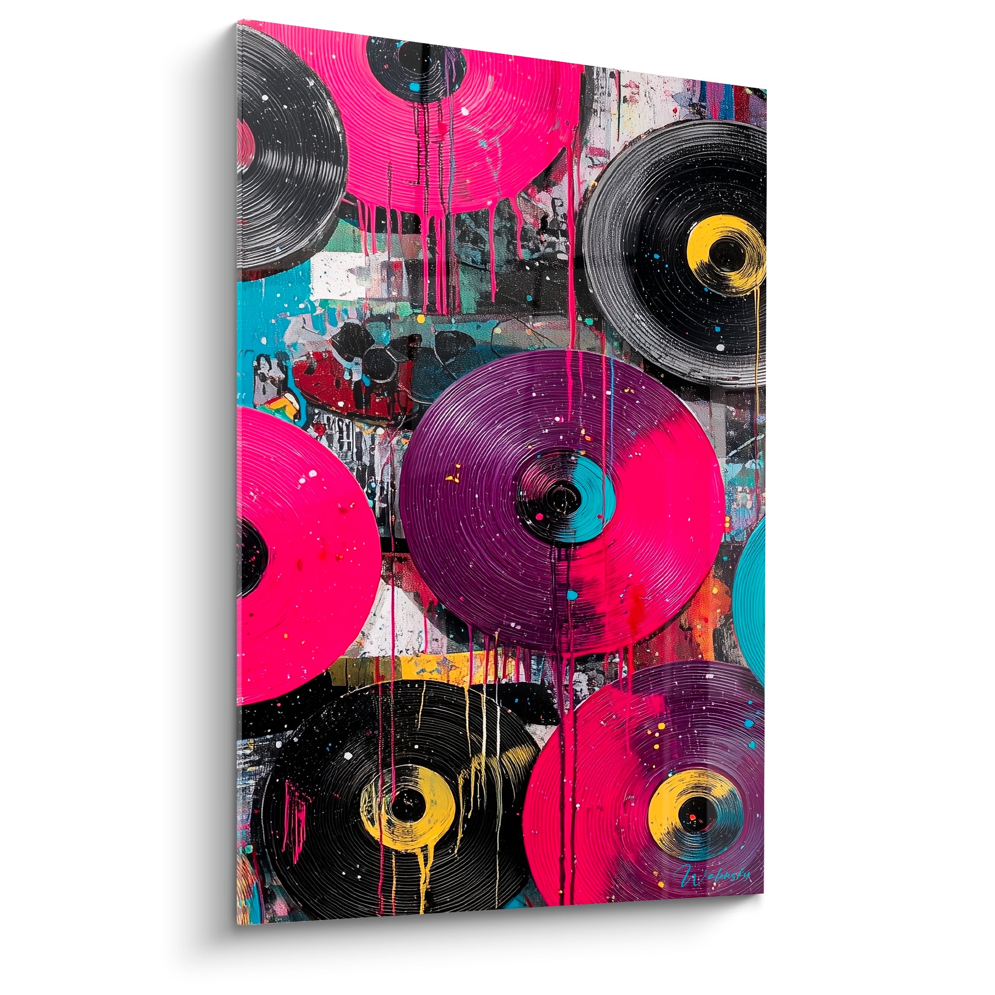 Vinyles empilés en rose fuchsia, violet et noir anthracite, coulures de peinture façon street art musical