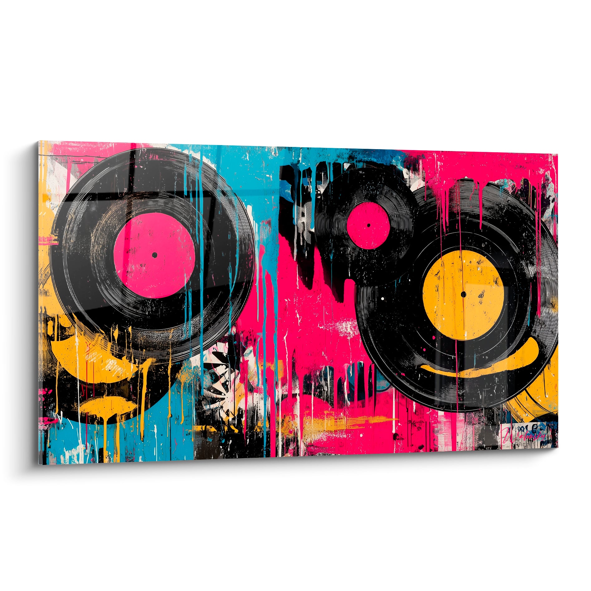 Disques vinyles noirs éclaboussés de rose fuchsia et jaune moutarde façon graffiti urbain