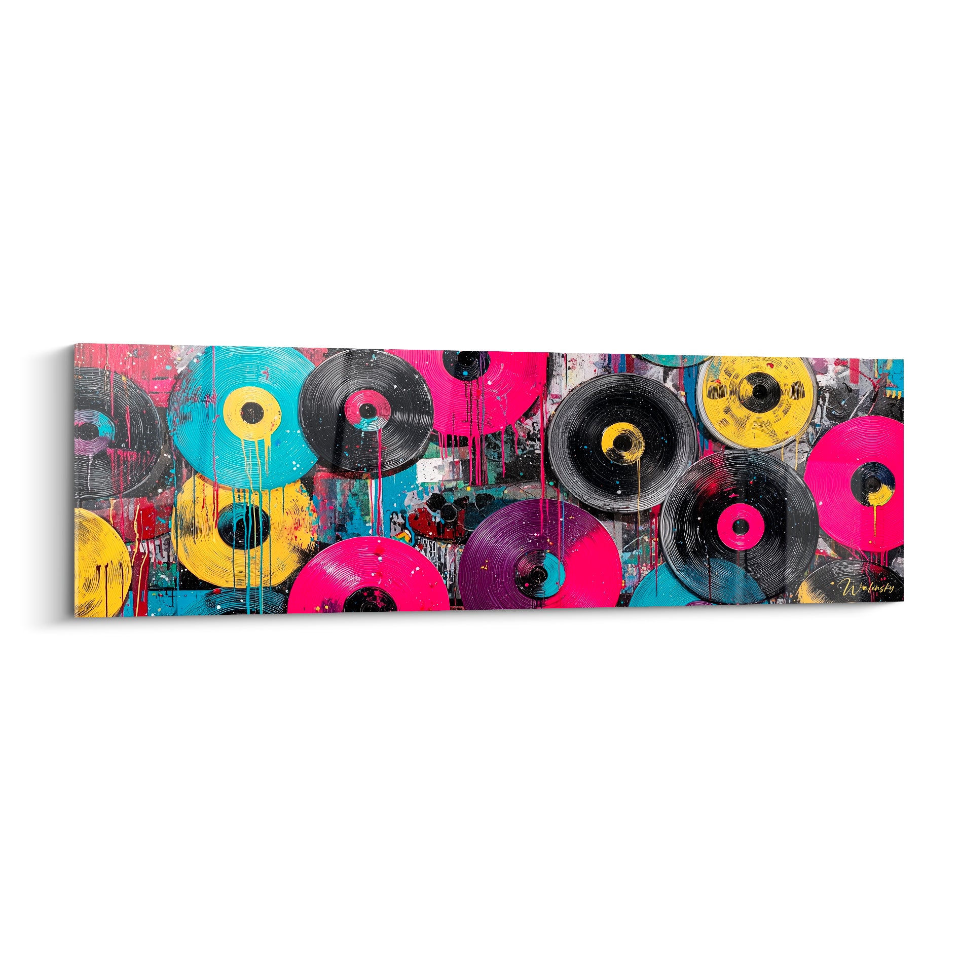Vinyles empilés en rose fuchsia, turquoise et jaune moutarde, coulures noires façon graffiti urbain.