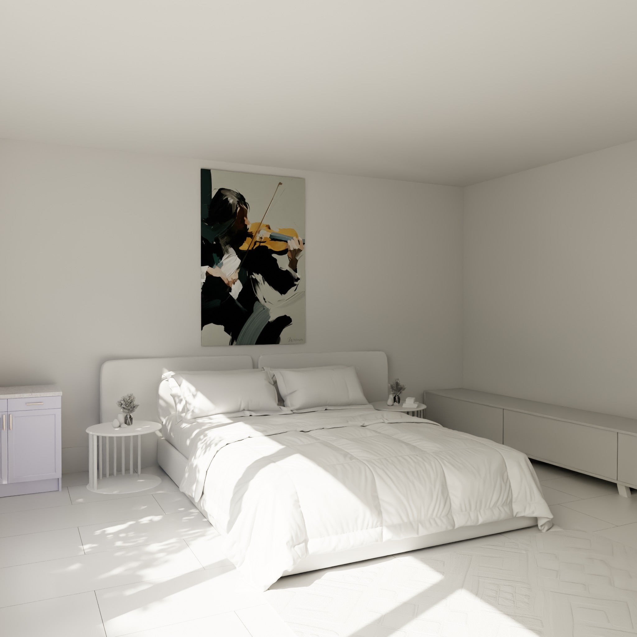 Musicien au violon ocre et noir intense, au-dessus d'un lit dans une chambre claire