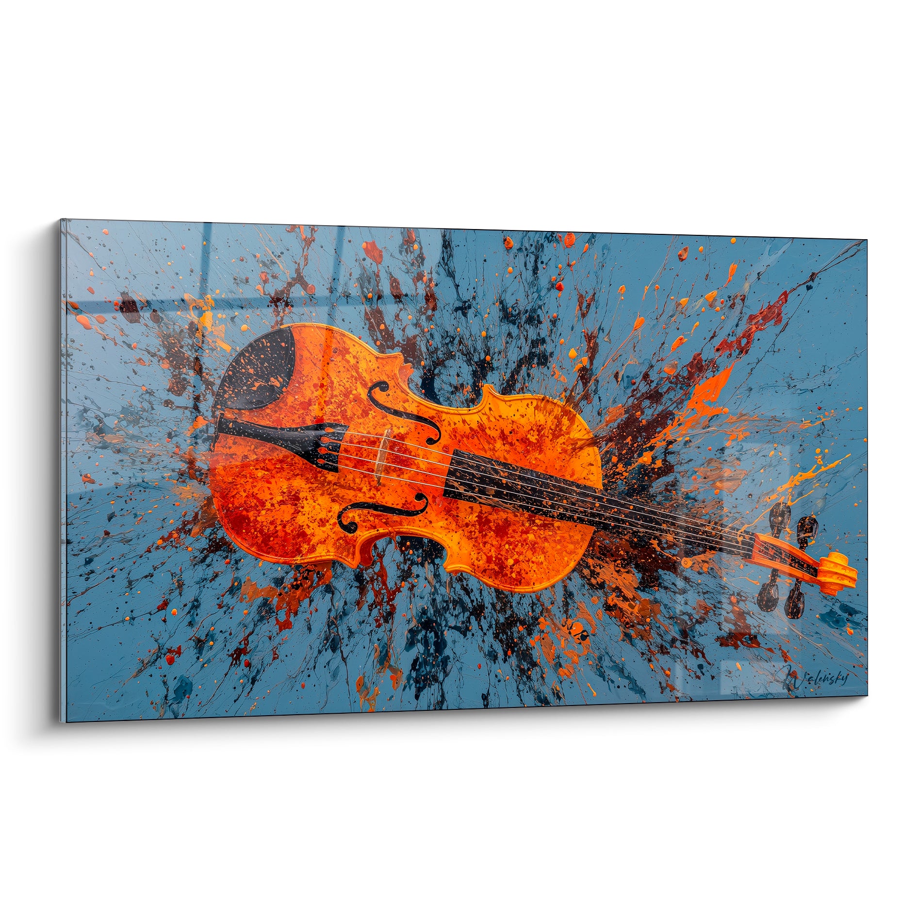 Violon ambre et terracotta éclaboussé sur fond bleu ardoise, projections noires et dorées expressives