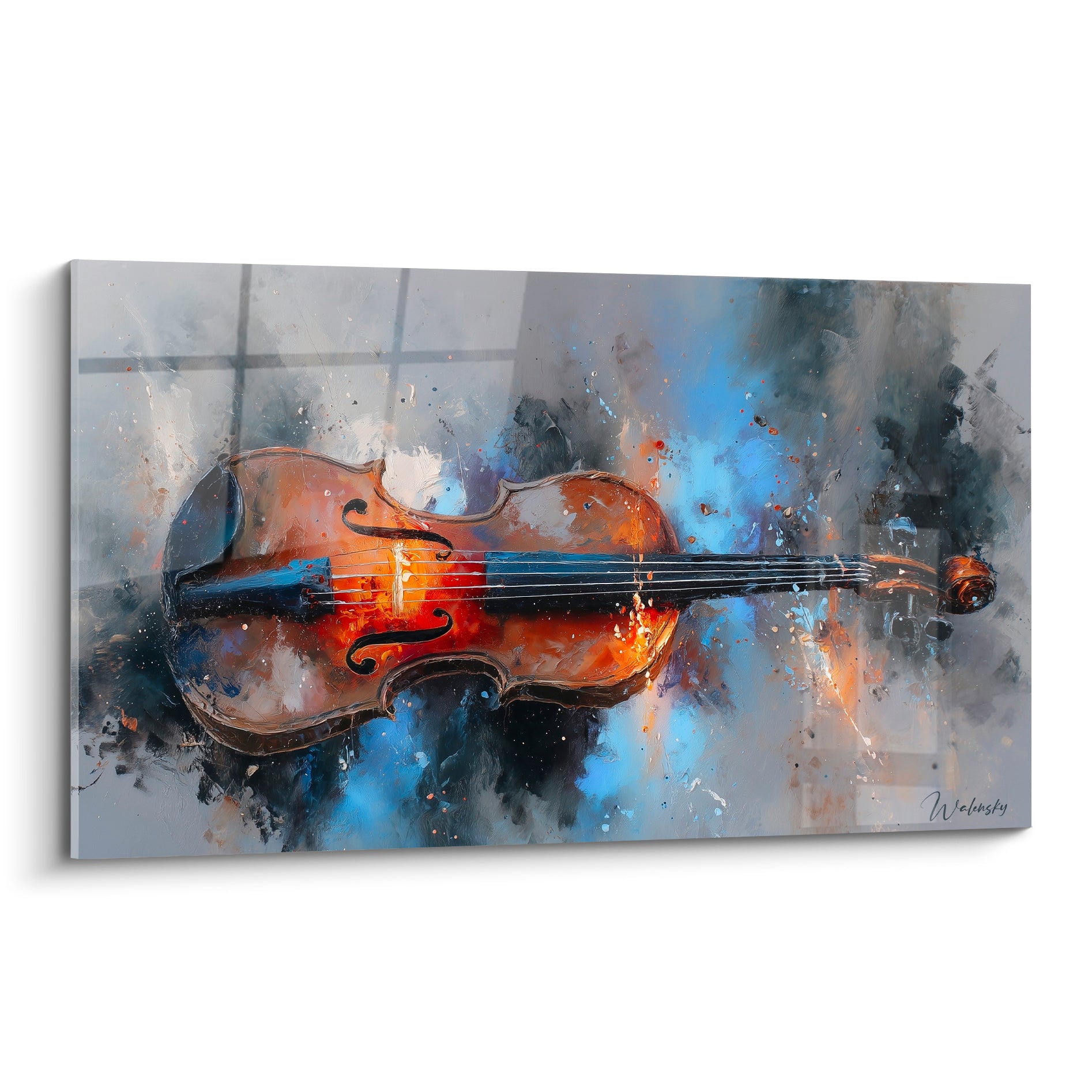 Violon ambre et bleu nuit, éclaboussures picturales sur fond gris, composition musicale abstraite