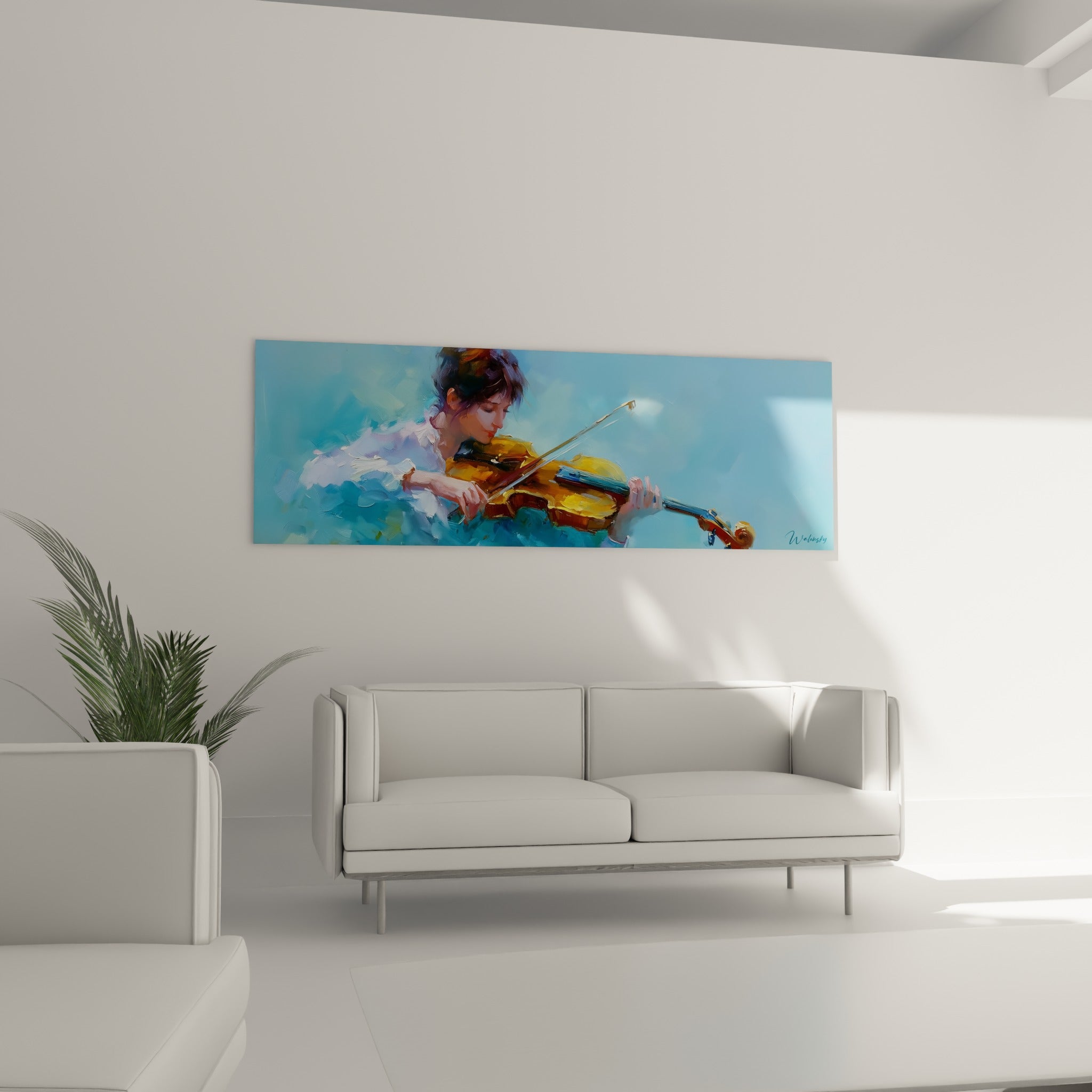 Silhouette penchée sur son violon doré, fond turquoise dégradé, au-dessus d'un canapé dans un salon lumineux