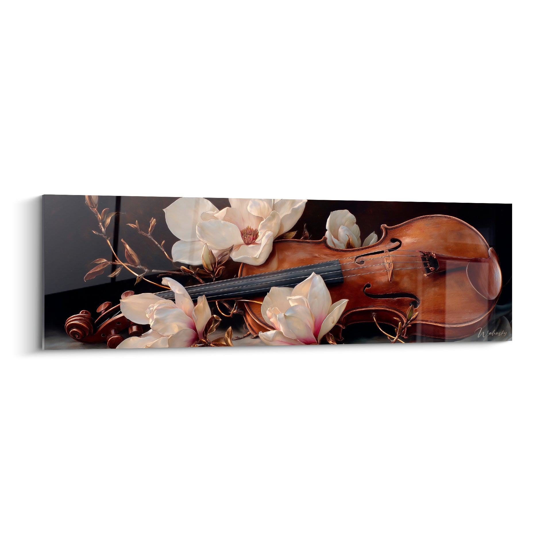 Violon ambré et magnolias blancs peints sur fond anthracite, composition musicale et florale raffinée