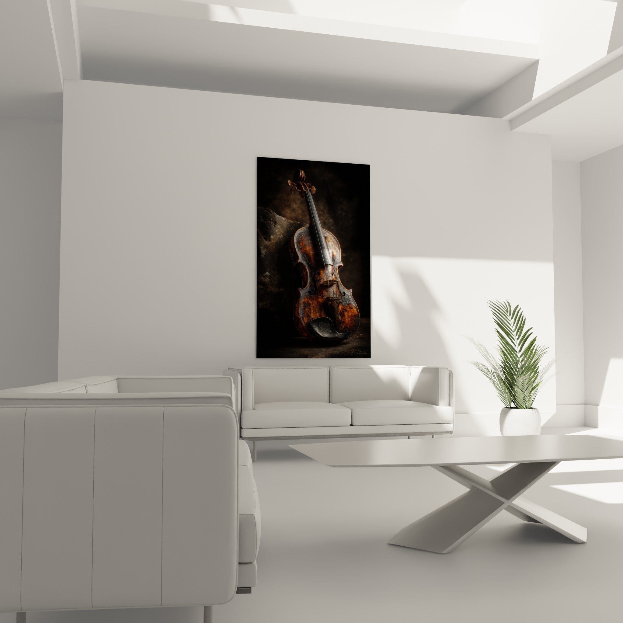 Instrument à cordes brun doré et anthracite placé au-dessus d'un canapé dans un salon lumineux