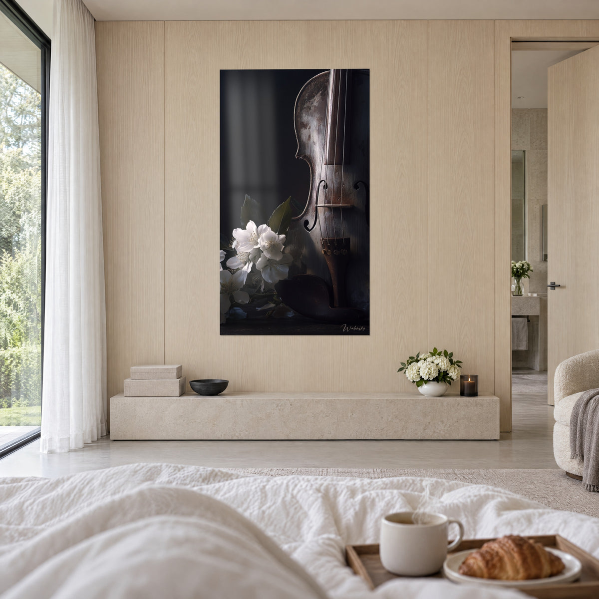 Wall art of a lute with a blackened bow and off-white jasmine on a dark background, grid reflection, above a bed in a bright bedroom