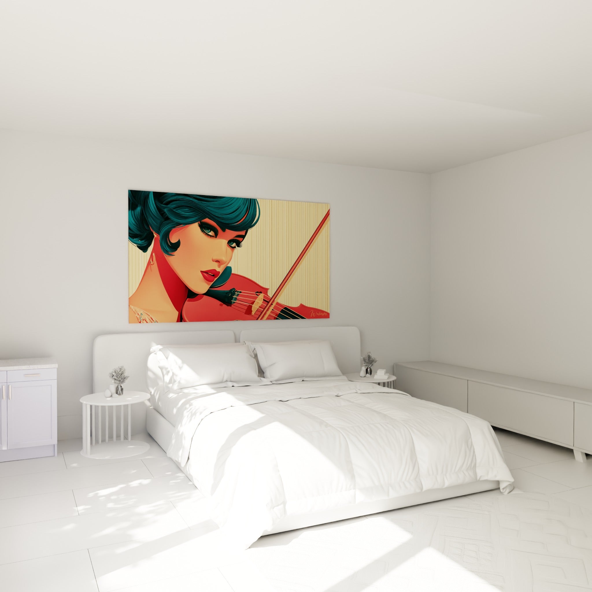 Musicienne aux tons rouge et bleu pétrole jouant du violon, accrochée au-dessus d'un lit dans une chambre claire