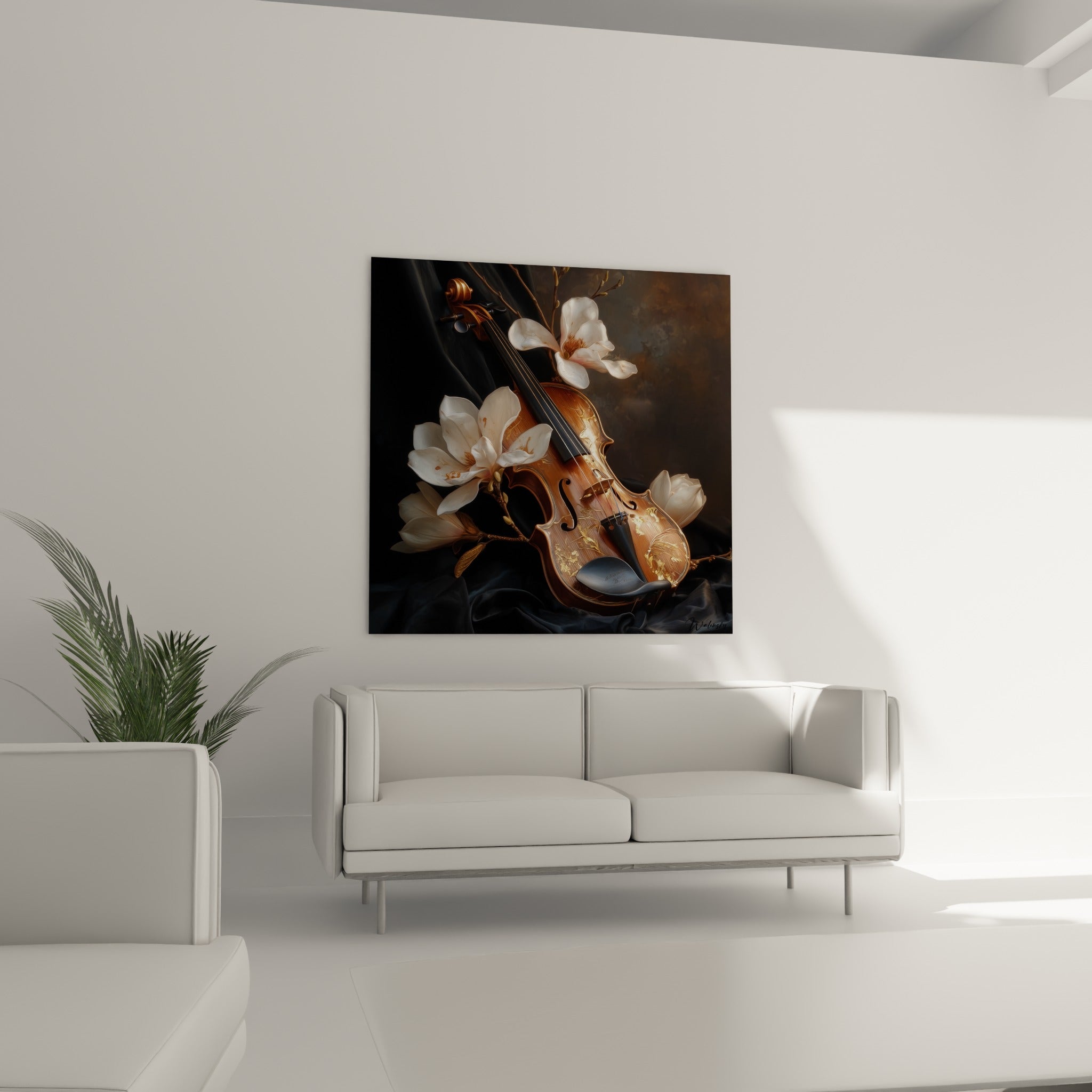 Magnolias blancs et violon cognac forment ce tableau musique au-dessus d'un canapé dans un salon lumineux