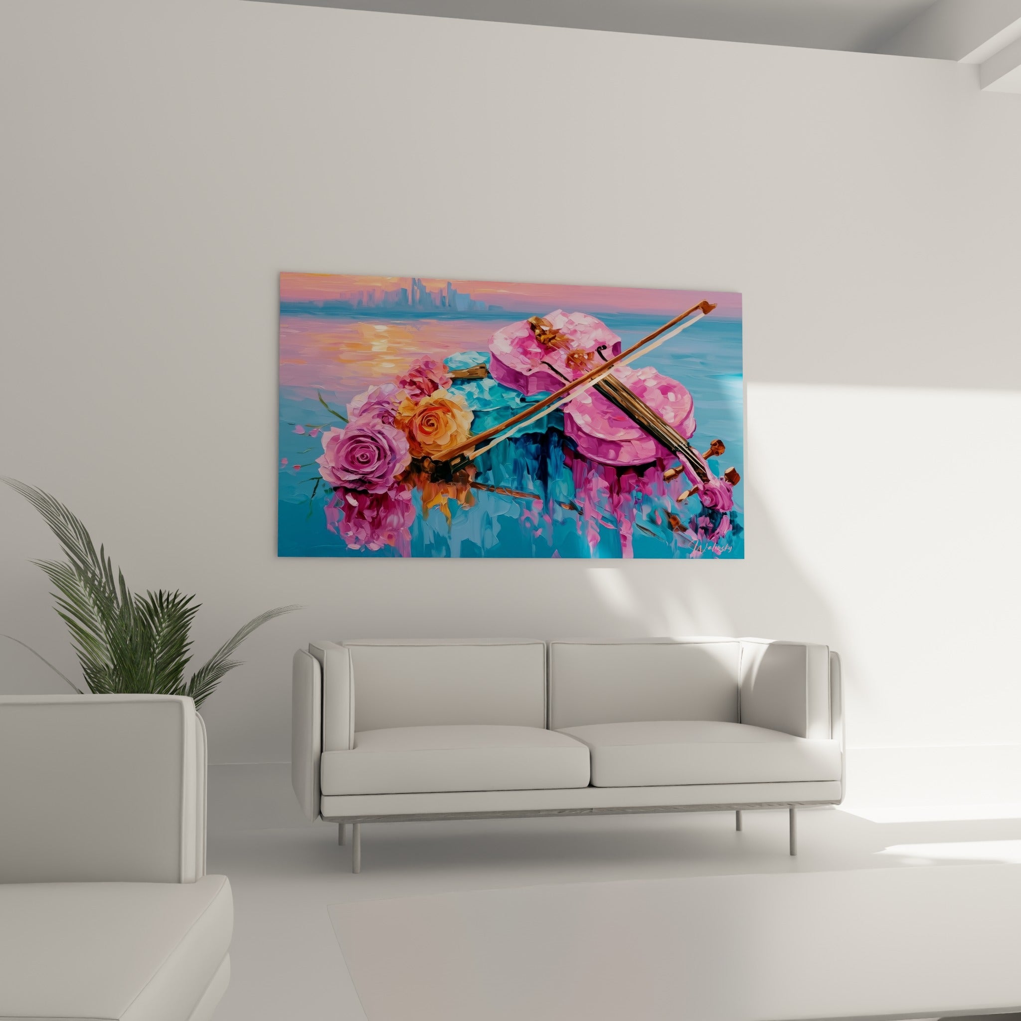 Instrument rose vif et fleurs orangées sur reflet d'eau bleu, au-dessus d'un canapé dans un salon lumineux