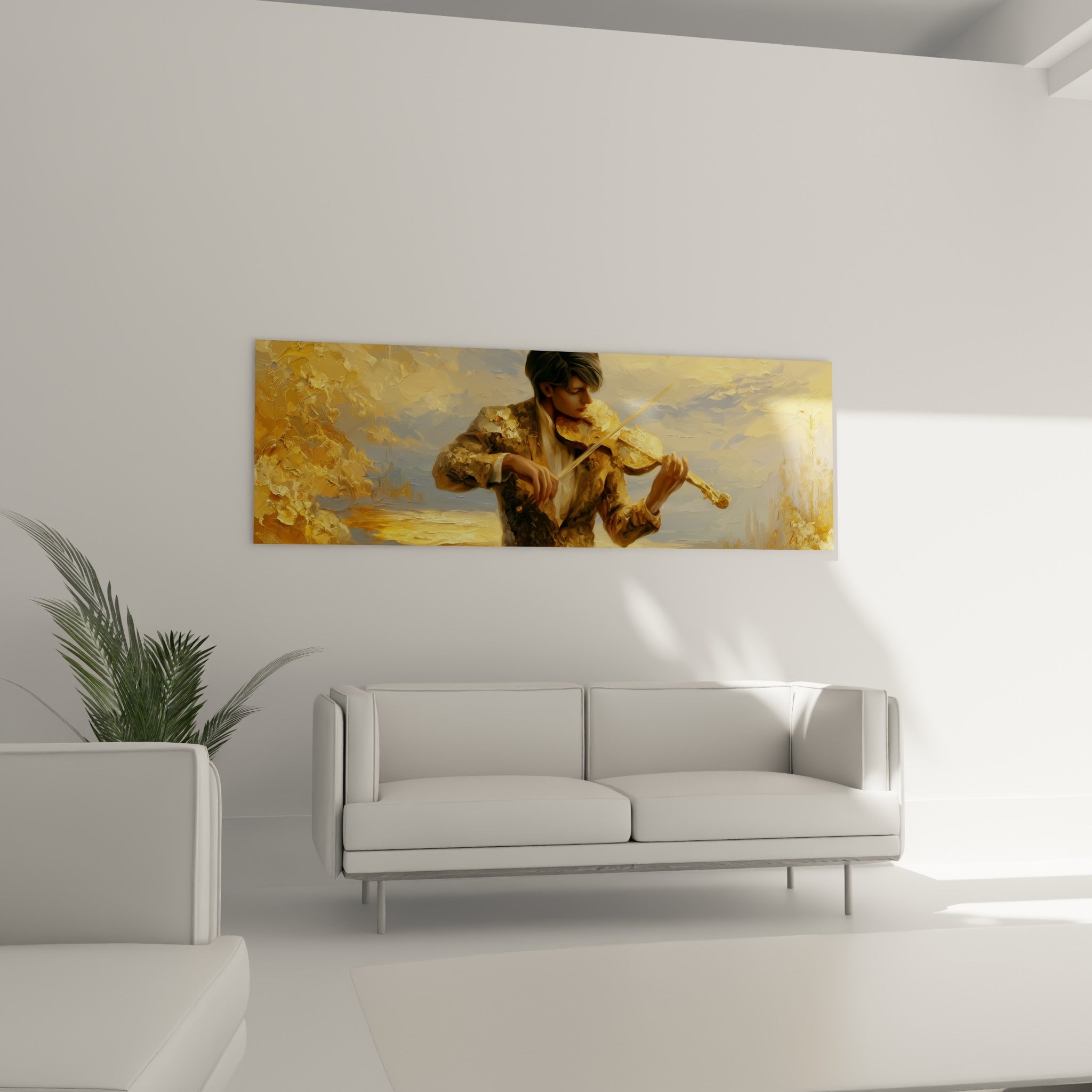 Jeune homme jouant du violon, empâtements dorés et ciel bleu pâle, tableau musique au-dessus d'un canapé dans un salon lumineux