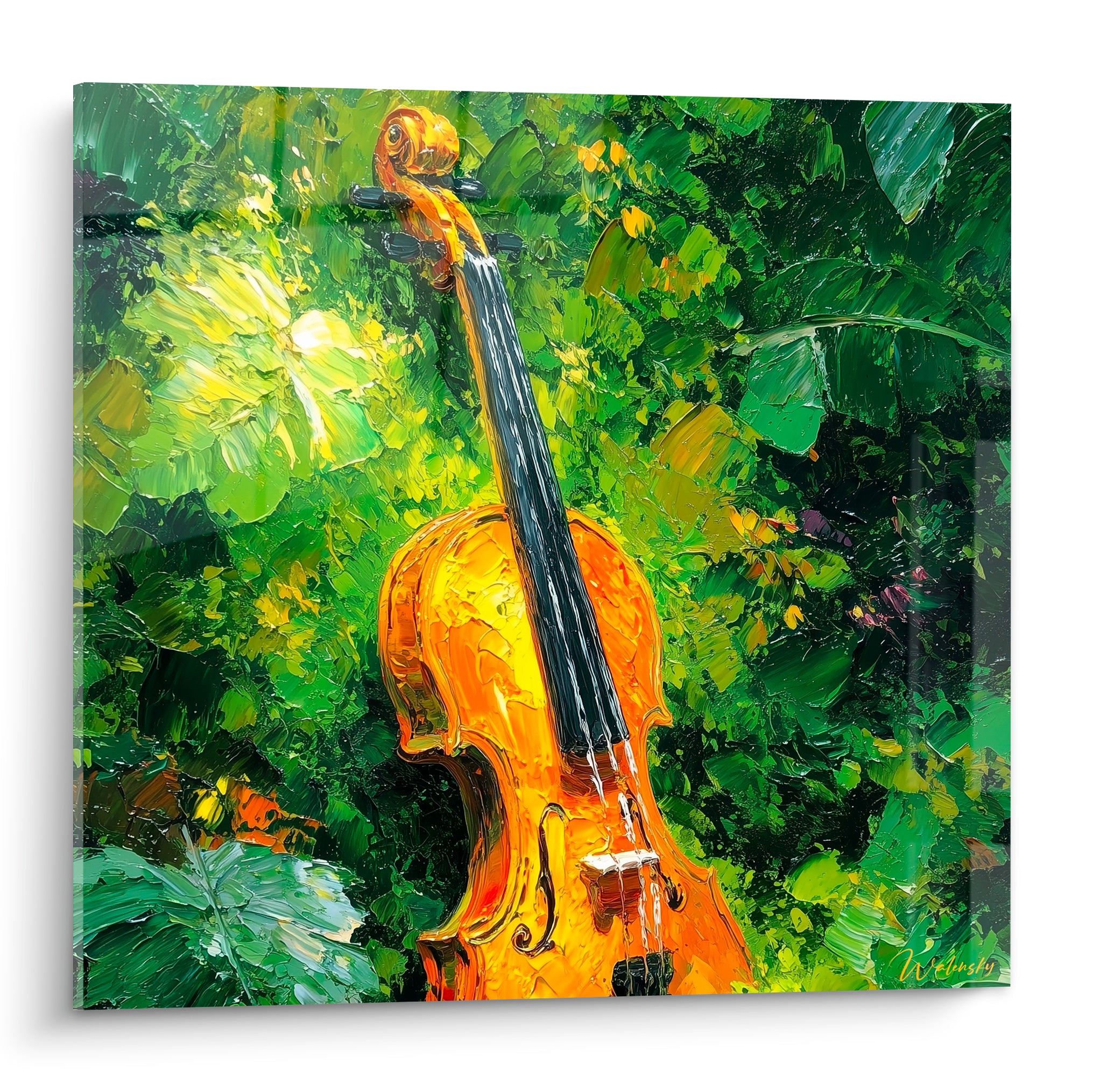 Violon doré peint au couteau, entouré d'un dense feuillage vert émeraude et jaune lumineux