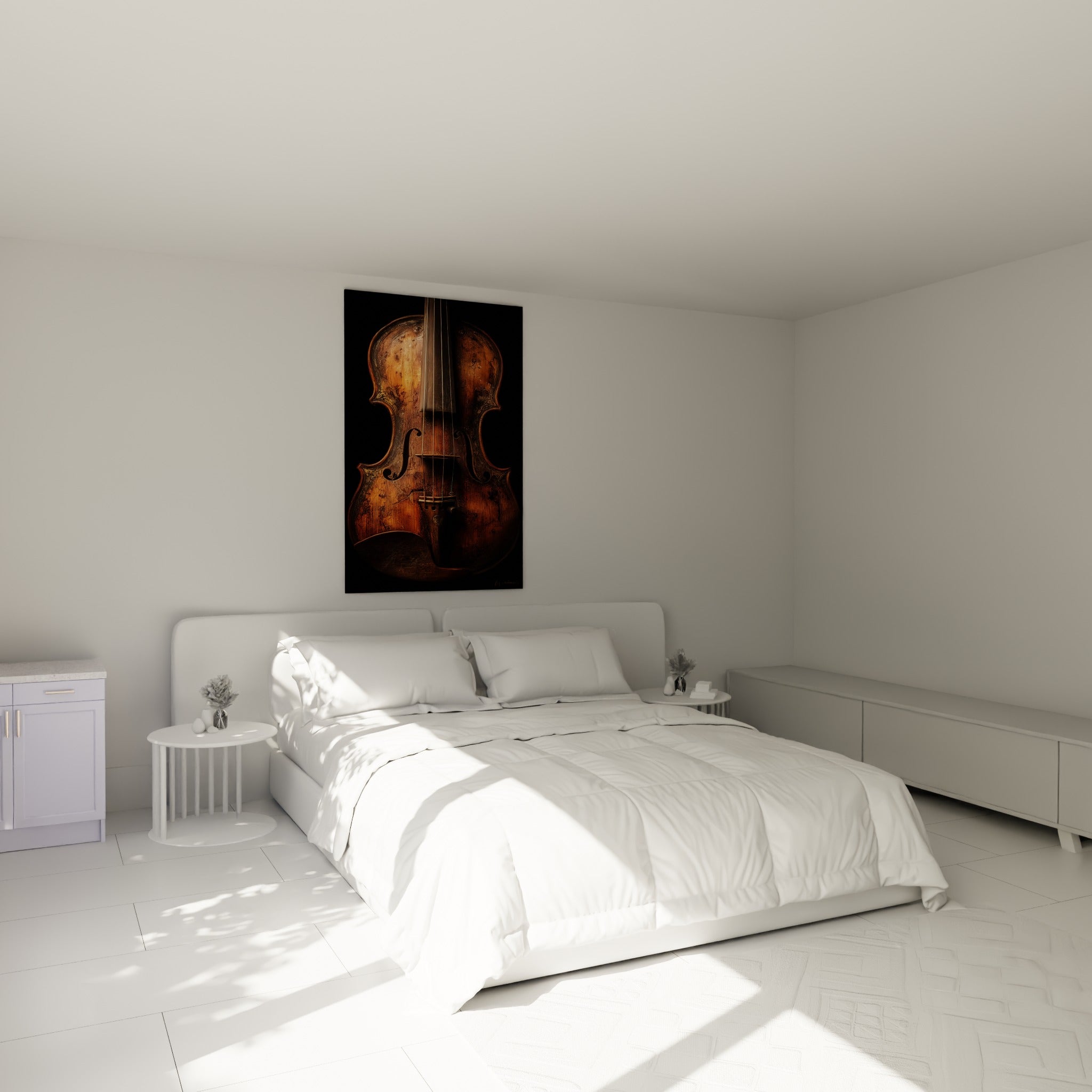 Instrument à cordes fauve et doré, ouïes sculptées visibles, au-dessus d'un lit dans une chambre claire