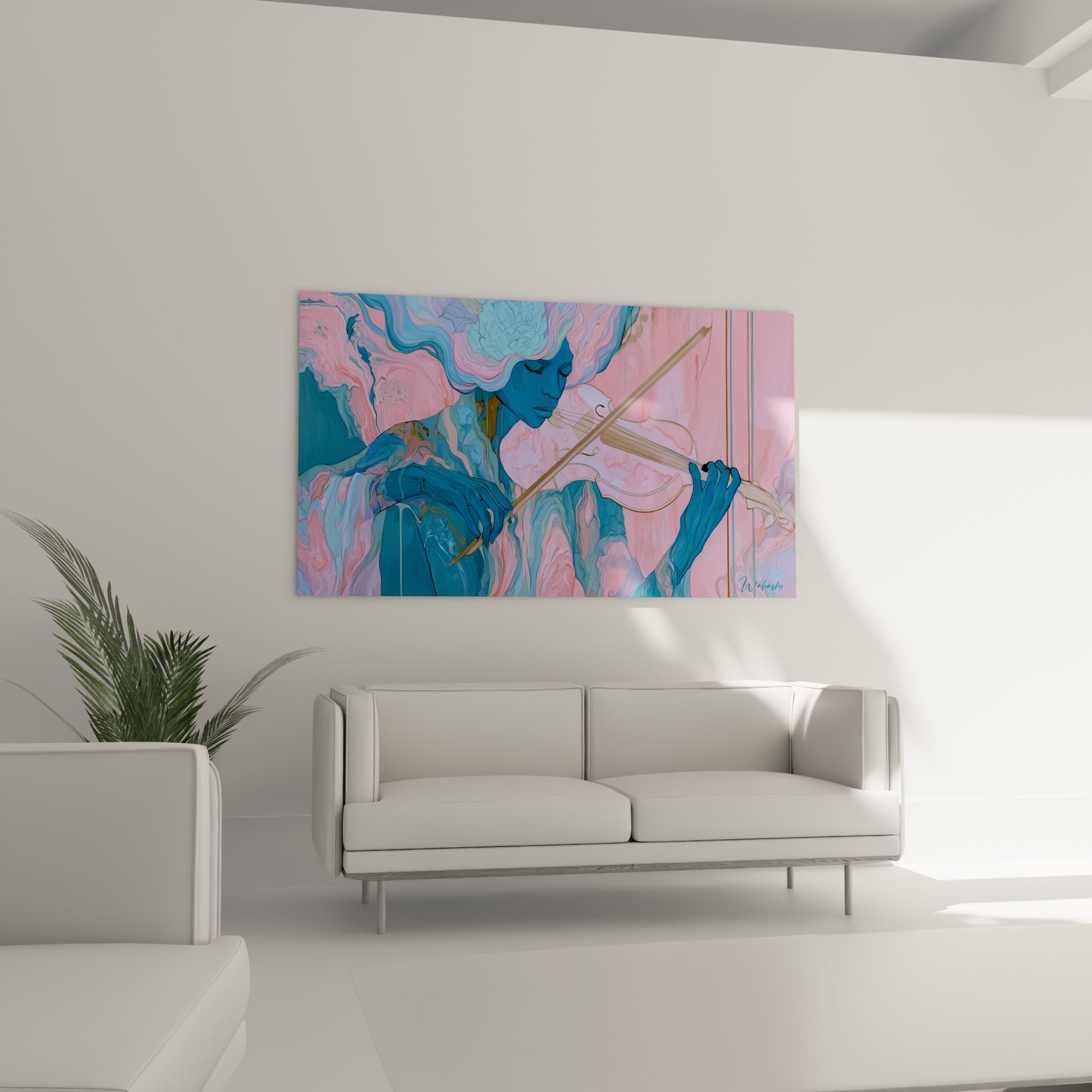 Silhouette bleue et rose interprétant un violon doré, au-dessus d'un canapé dans un salon lumineux
