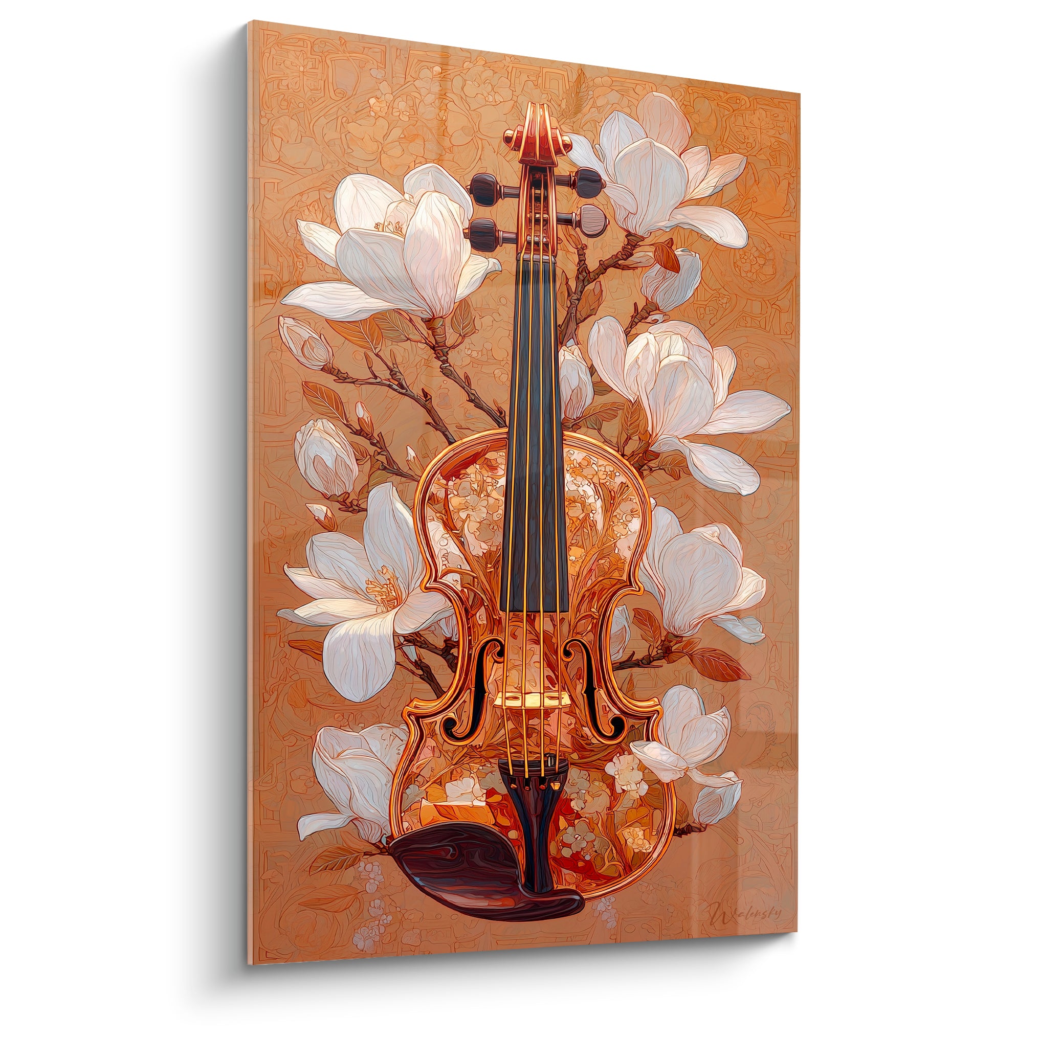 Violon doré entouré de magnolias blancs, cordes noires et reflets ocre en pleine lumière