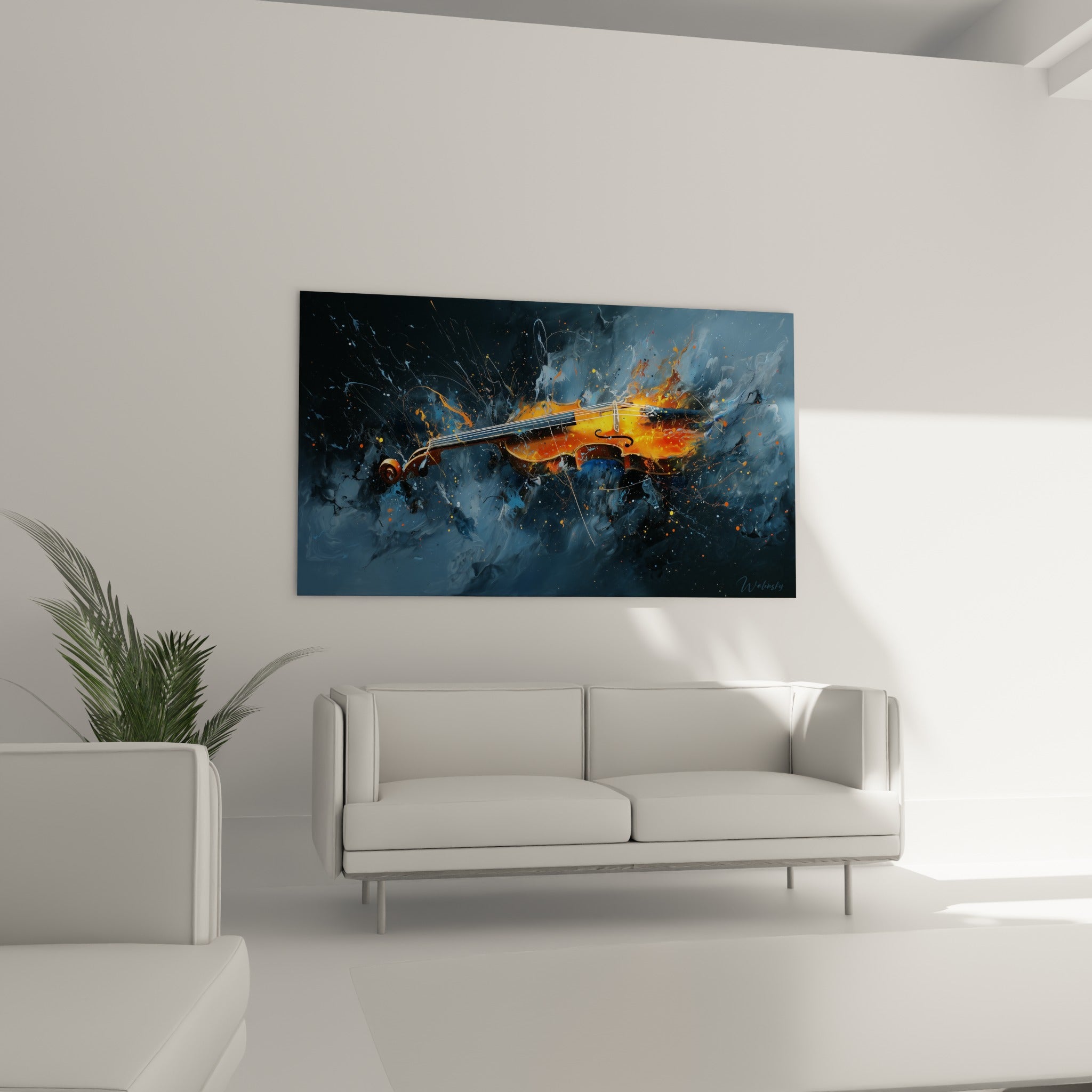 Violon lumineux aux teintes orangées émergeant d'un nuage bleu marine, au-dessus d'un canapé dans un salon lumineux.