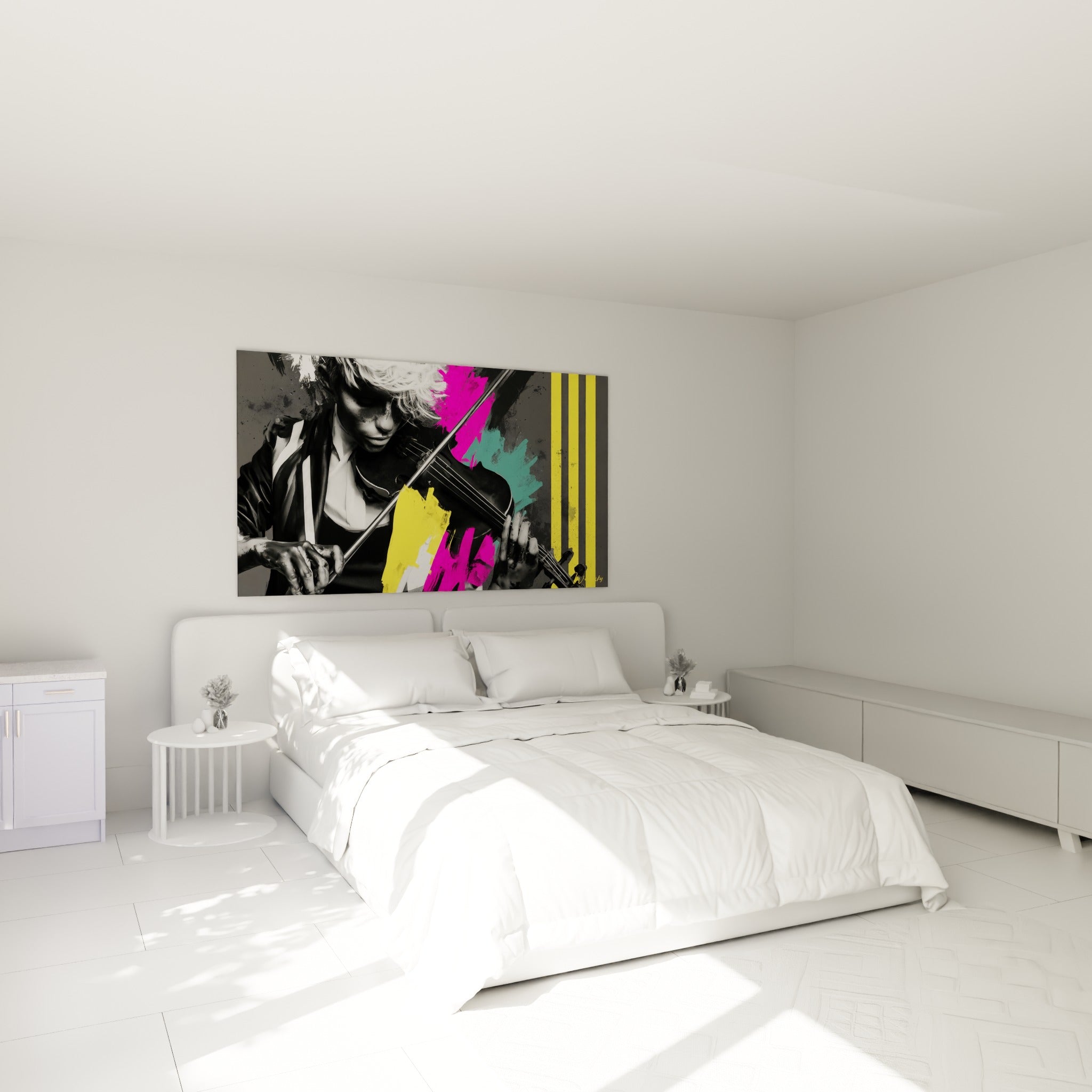 Musicienne au violon, touches roses et jaunes contrastant avec le gris, au-dessus d'un lit dans une chambre claire